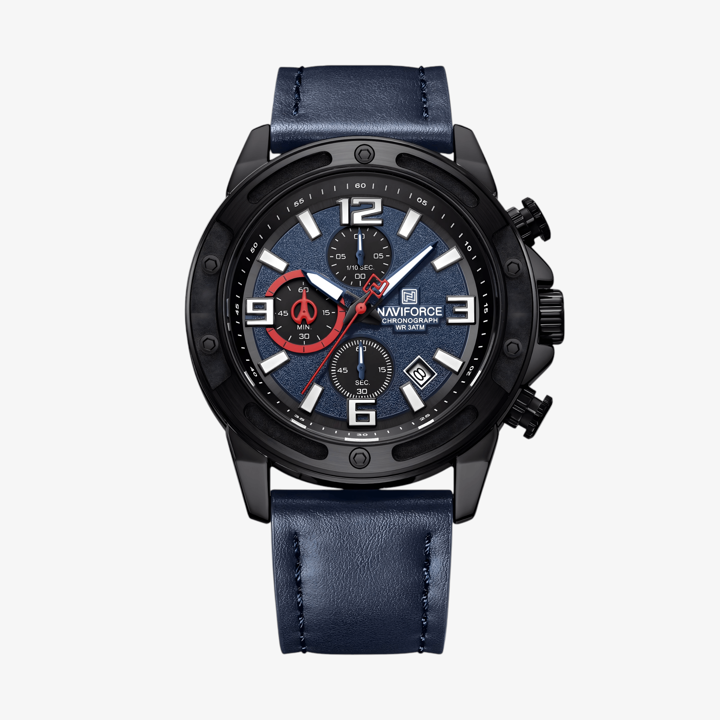 Prikaz prednje strane muškog sata NaviForce NF8074 u plavoj boji sa kožnim kaišem