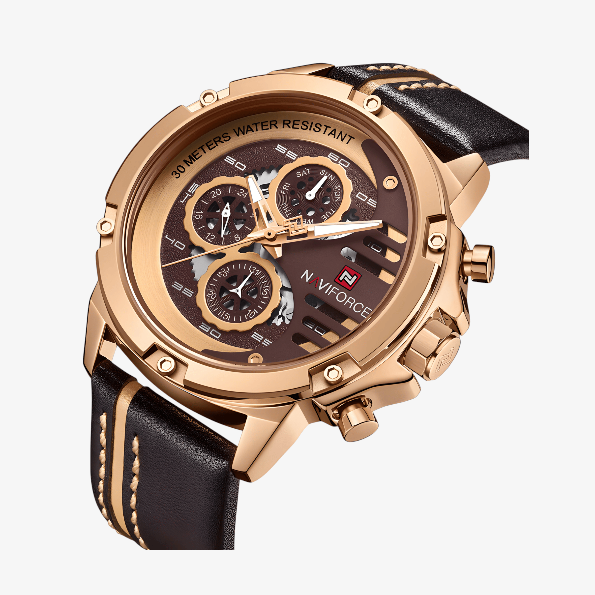 Detaljan prikaz brojčanika sata NaviForce NF9110, zlatni tonovi i jasno vidljive kazaljke