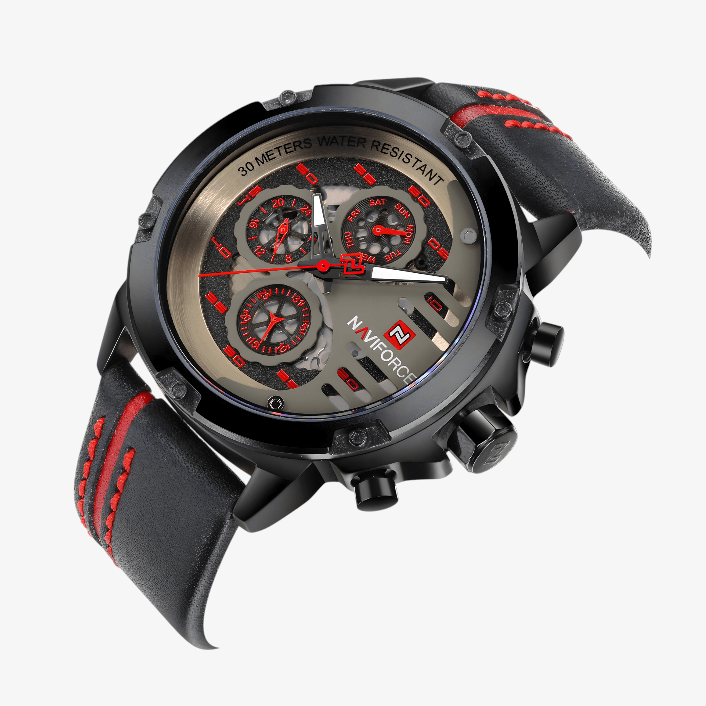 Detaljan prikaz otvorenog brojčanika sata NaviForce NF9110 sa vidljivim mehanizmom i crvenim akcentima