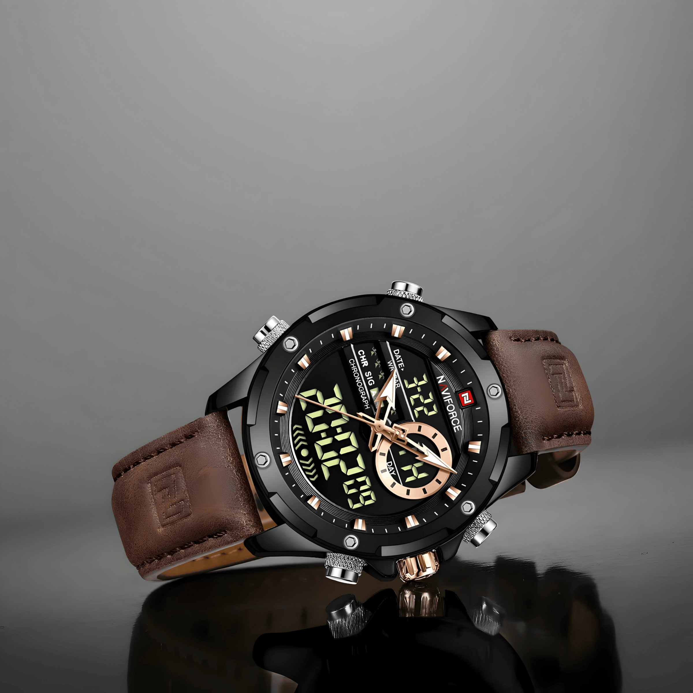 Muški sat NaviForce NF9208 u braon boji u lifestyle okruženju, elegantan stil za svakodnevno nošenje