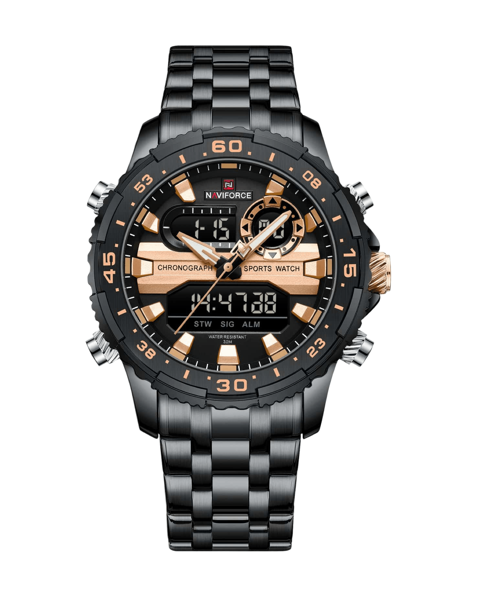 Prikaz prednje strane kucista i metalne narukvice muskog sata NaviForce NF9234 u crno rose-gold boji. Najbolja cena i prodaja u Srbiji
