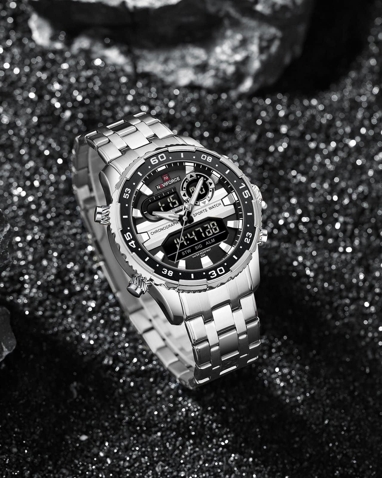 Bocni desni prikaz prednje strane kucista i metalne narukvice muskog sata NaviForce NF9234 u srebrno crnoj boji. Najbolja cena i prodaja u Srbiji