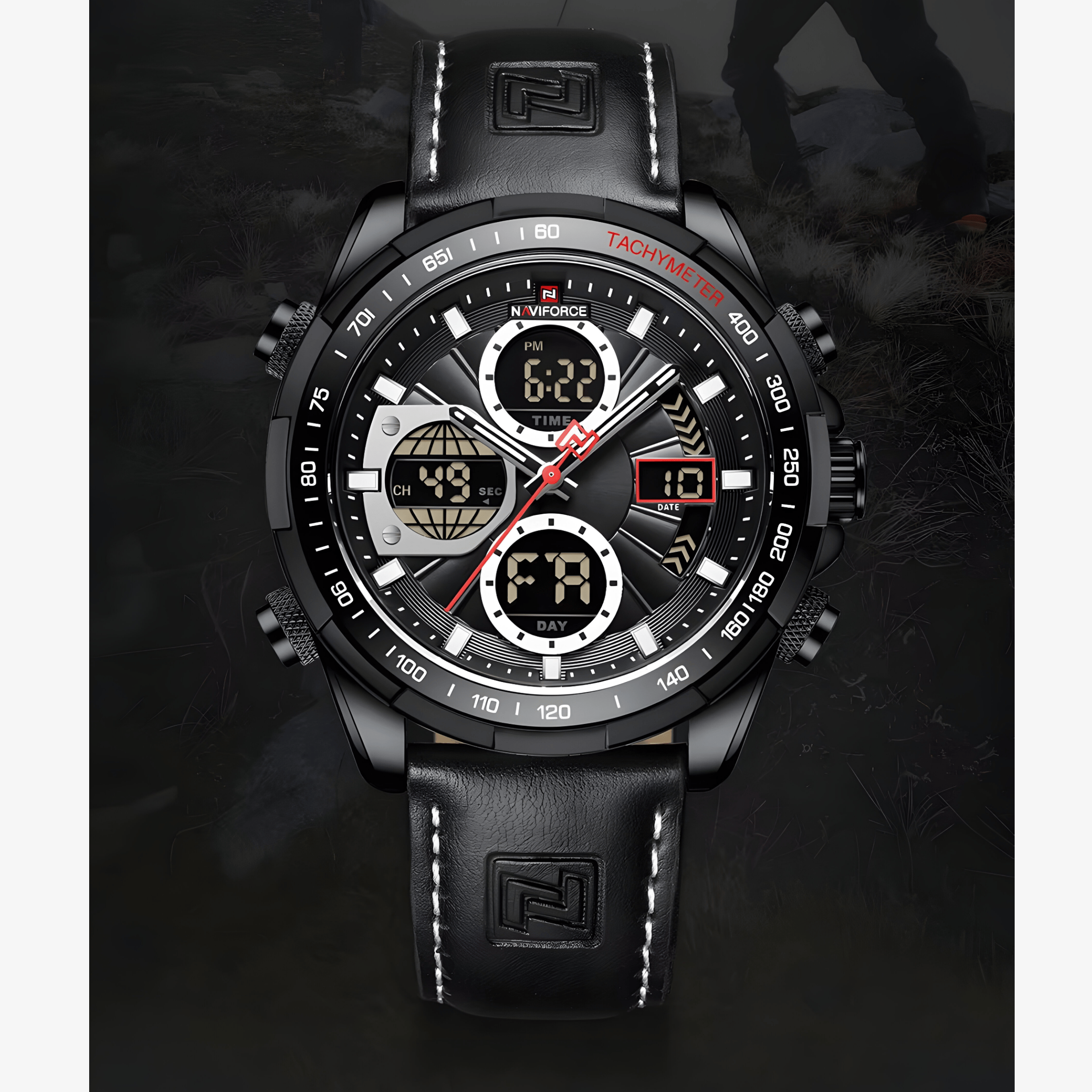 Muški sat NaviForce Ranger NF9197 u lifestyle fotografiji, crni model sa kožnom narukvicom prikaz spreda