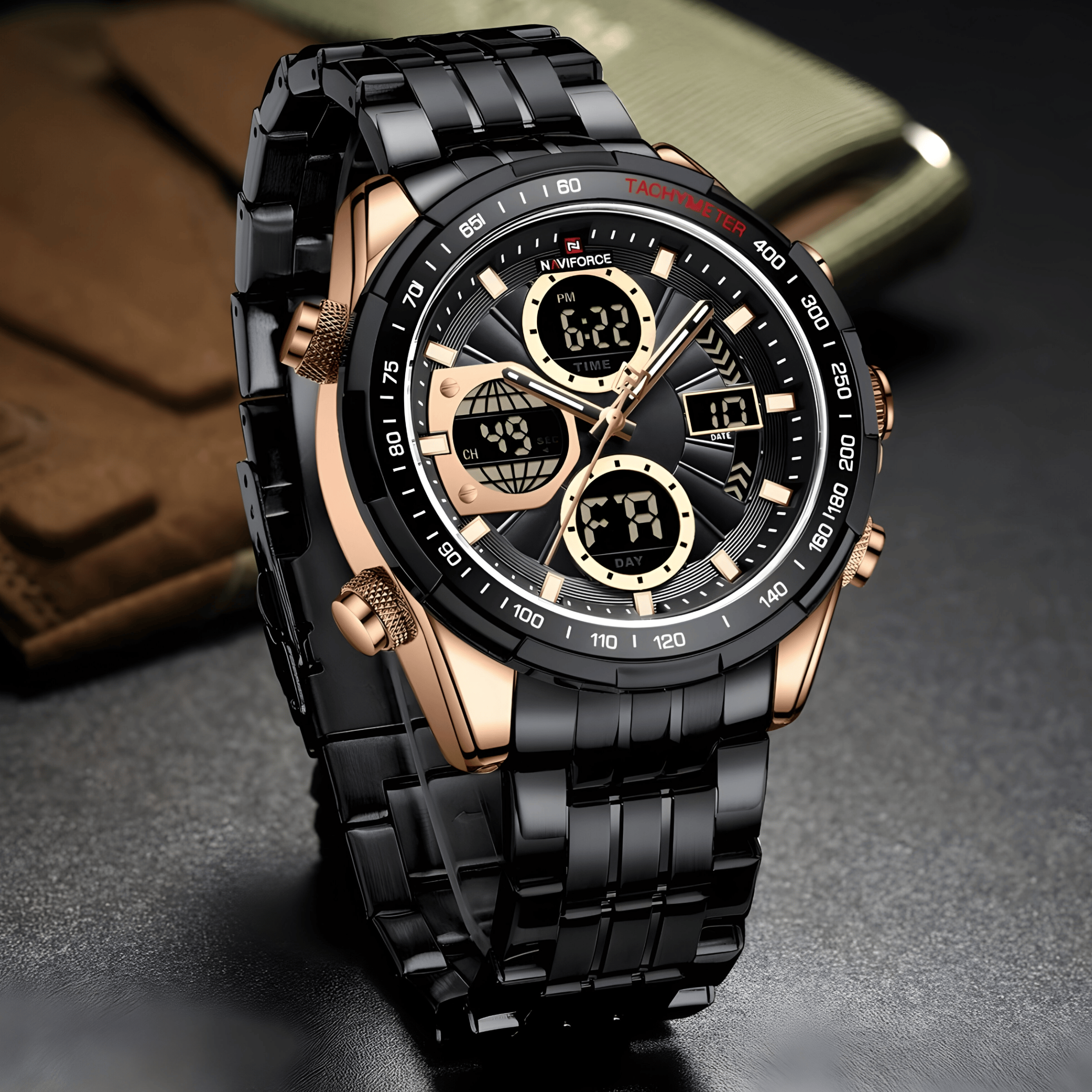 NaviForce Ranger NF9197 muški sat sa čeličnim kućištem i metalnom narukvicom, crno–rose gold dizajn