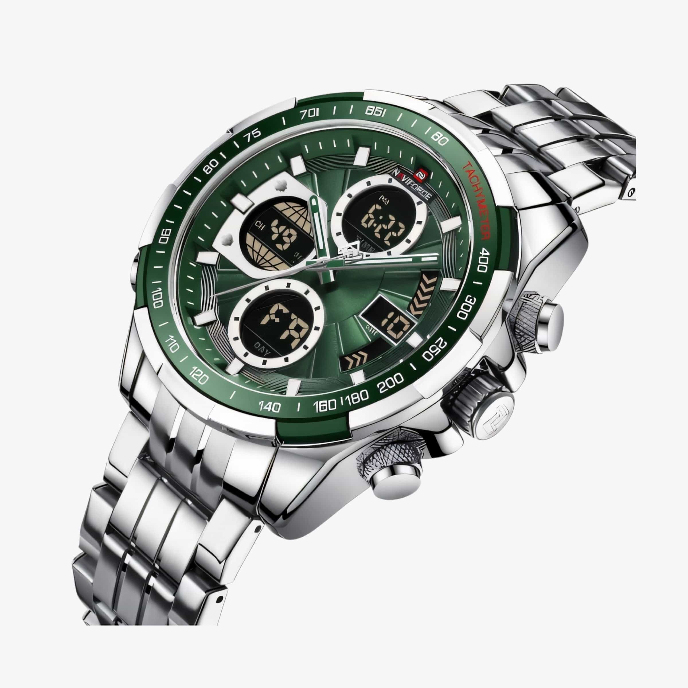 Brojčanik sata Naviforce NF9197 u zelenoj boji sa jasno vidljivim kazaljkama i multifunkcionalnim pokazivačima