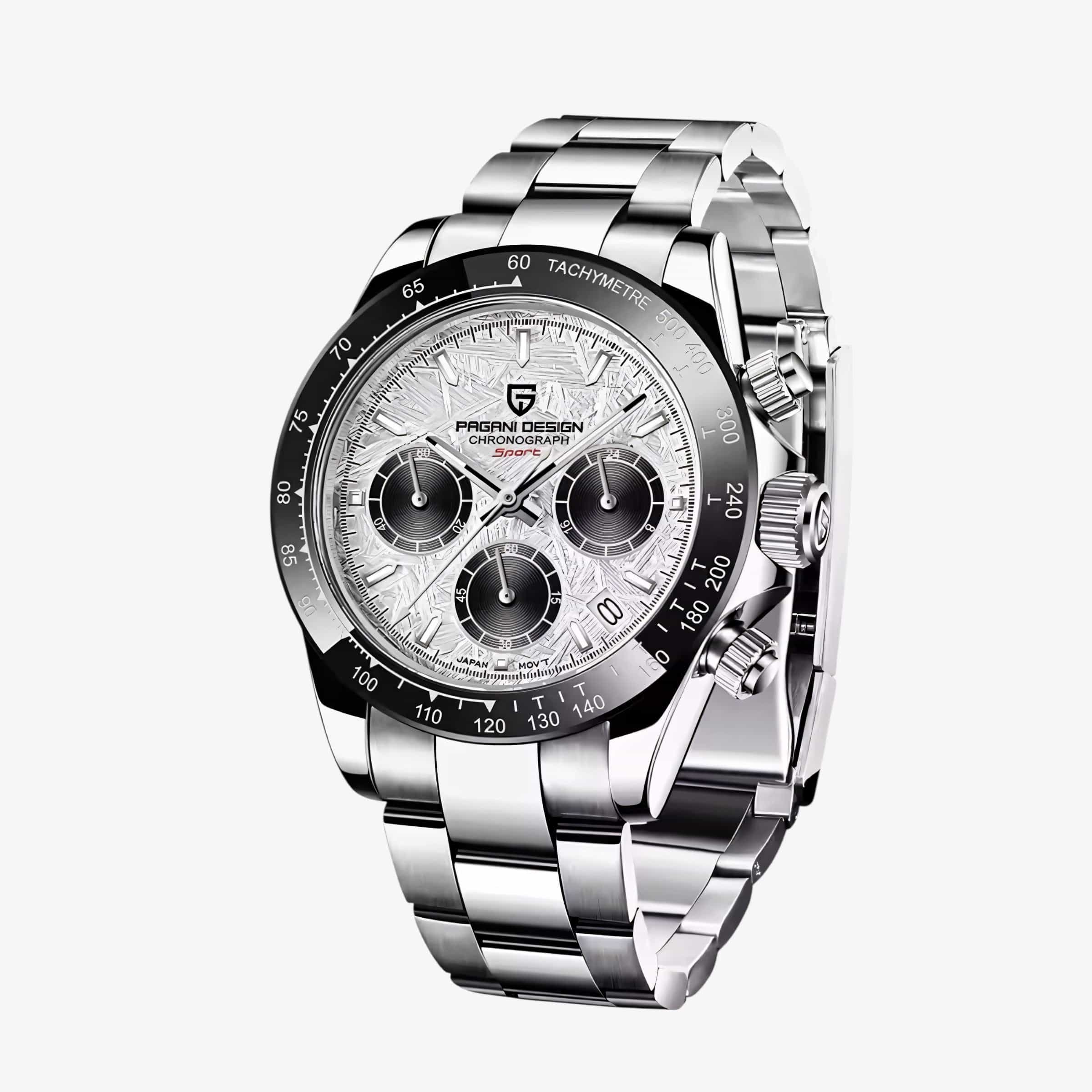 Muški sat Pagani Design PD1644 Daytona Silver sa brušenim meteorite pattern brojčanikom i crnom krunicom –prednji prikaz sata