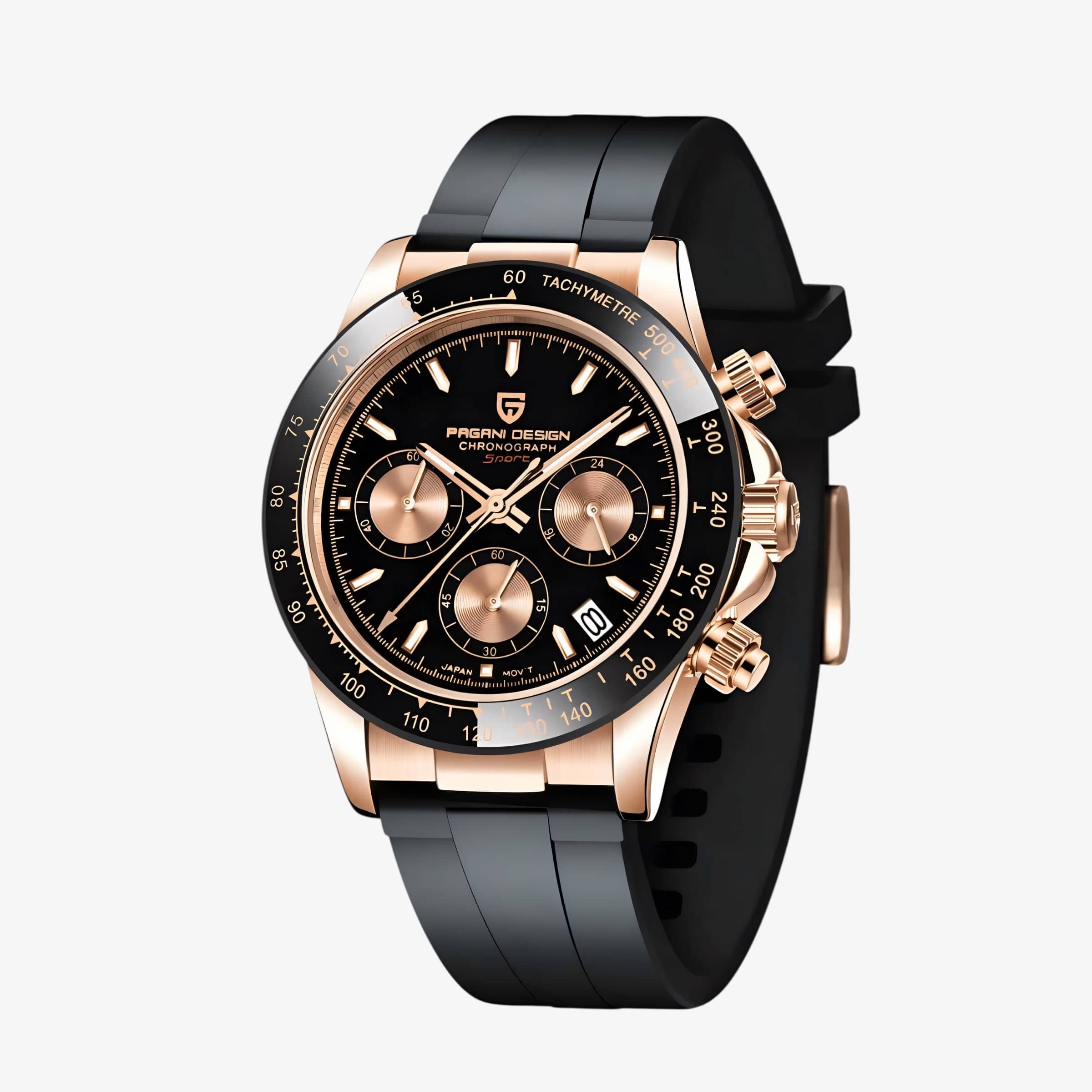 Muški sat Pagani Design PD1664 Daytona rose gold sa crnim brojčanikom i crnom silikonskom narukvicom – prednji ugaoni prikaz sa vidljivom krunicom i hronograf tasterima