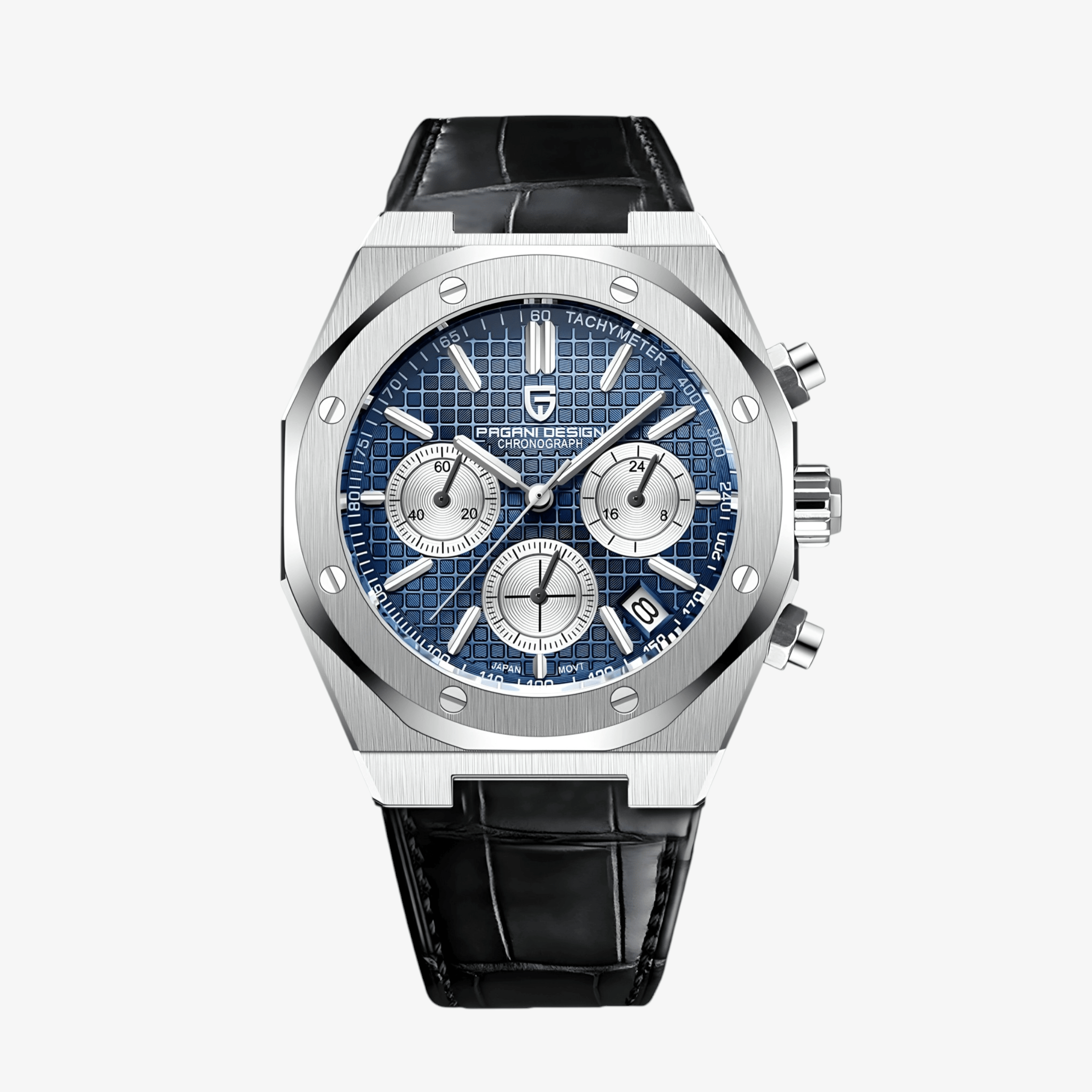 Muški sat Pagani Design PD1707 sa plavim brojčanikom i crnom kožnom narukvicom – prednji prikaz čeličnog kućišta