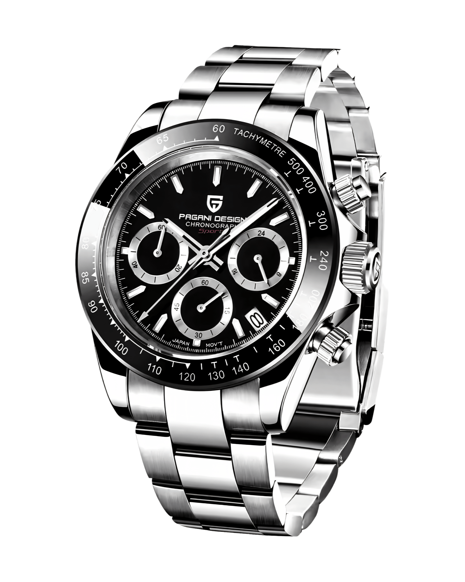 Pagani Design PD1664 Daytona - Crno Srebrna Boja - Metalna Narukvica - Prikaz prednje strane muškog sata