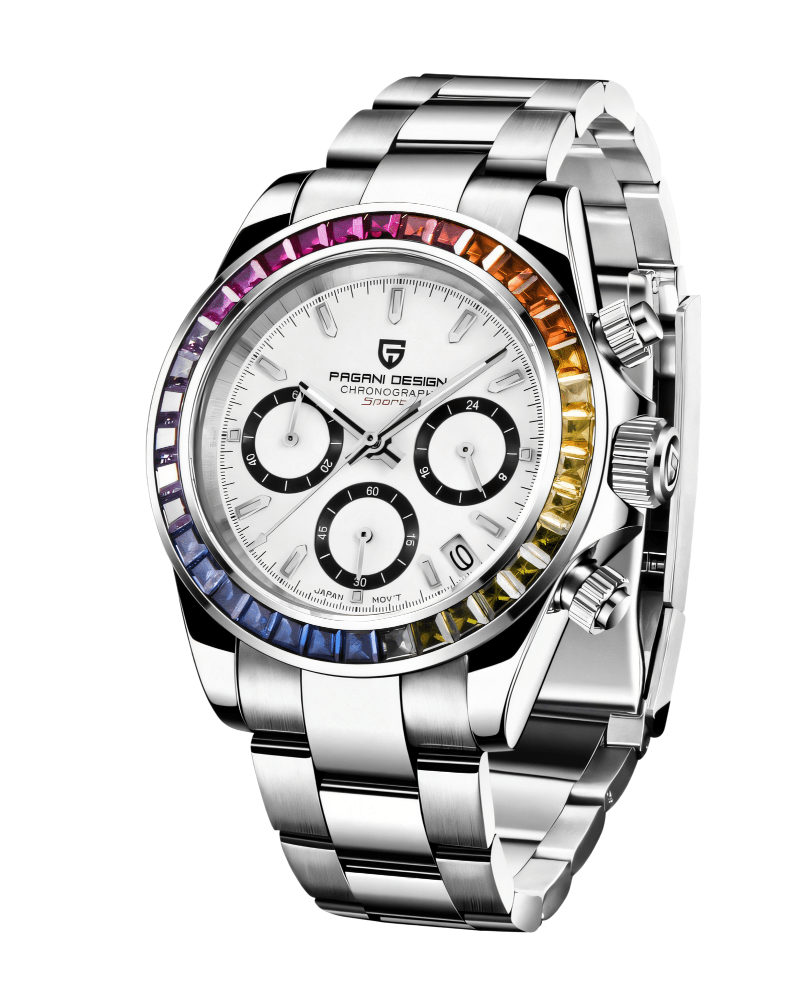 Pagani Design PD1664 Daytona Rainbow - Bela Boja Metalna narukvica - Prikaz prednje strane muškog sata
