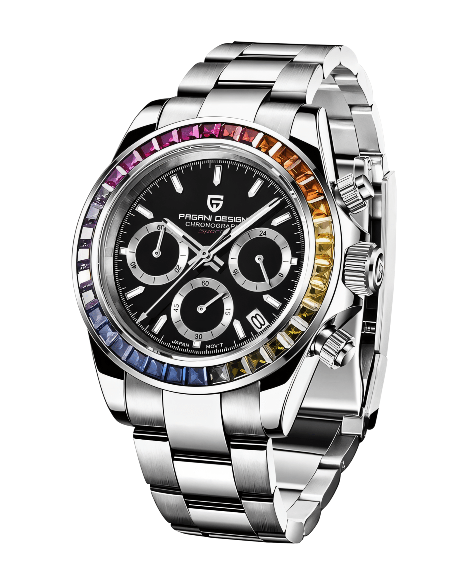 Pagani Design PD1664 Daytona Rainbow - Crno Srebrna Boja - Metalna Narukvica - Prikaz prednje strane muškog sata