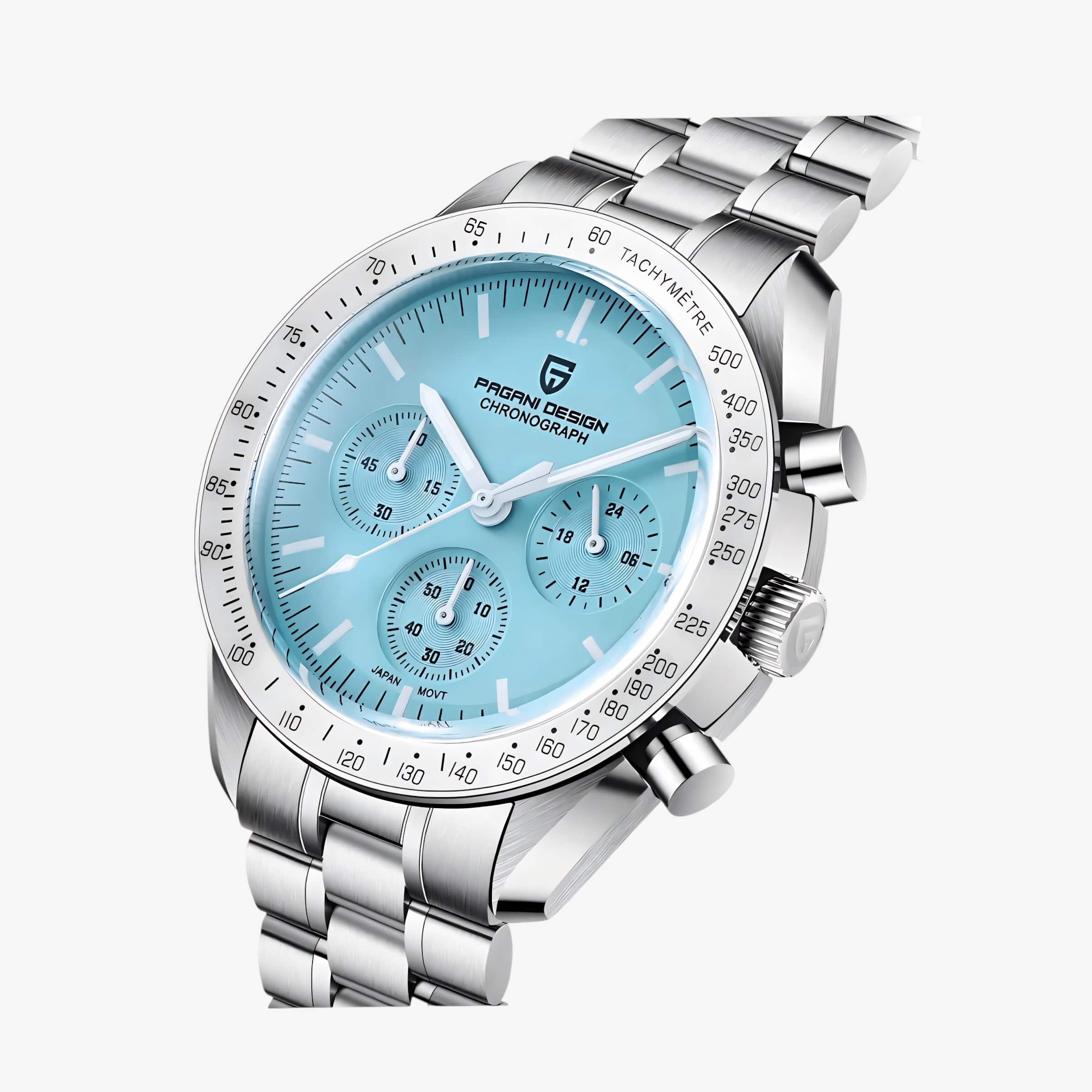 Krupan prikaz Tiffany plavog brojčanika i srebrnog kućišta hronograf sata Pagani Design PD1701 Speedmaster