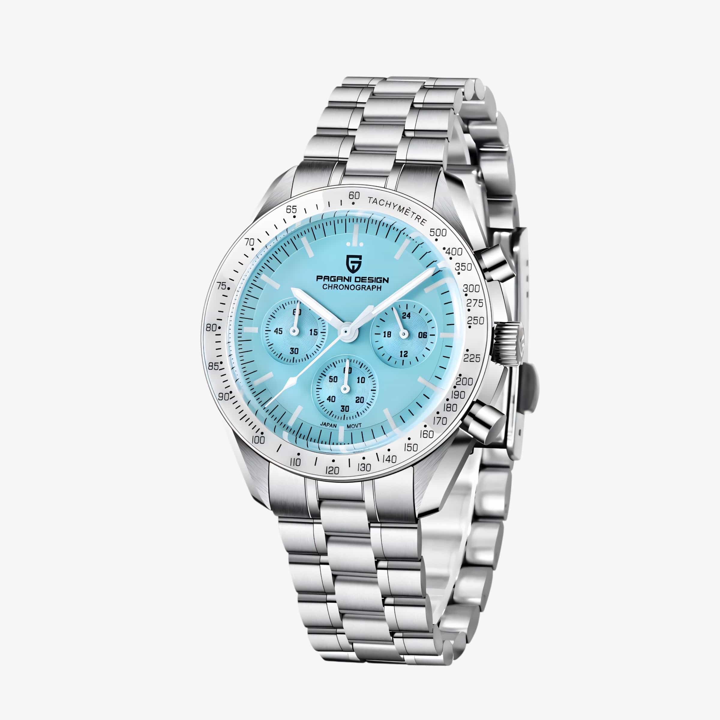 Muški sat Pagani Design PD1701 Speedmaster sa Tiffany plavim brojčanikom i srebrnom čeličnom narukvicom – prednji ugaoni prikaz sa vidljivom krunicom i hronograf tasterima