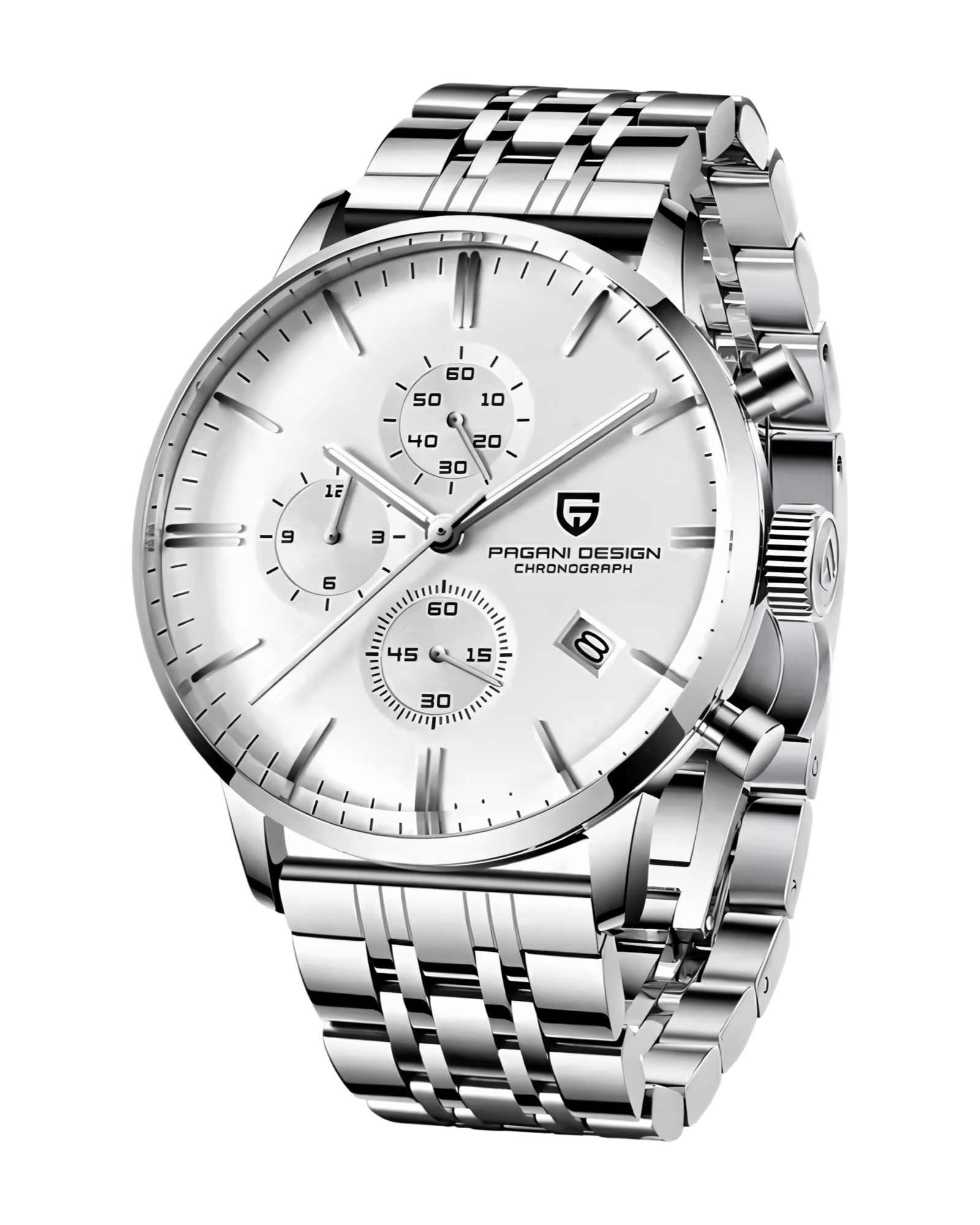 prikaz prednje strane kucista i meatalne narukvice Muškog Sata Pagani Chronograph PD2720 srebrno bela boja