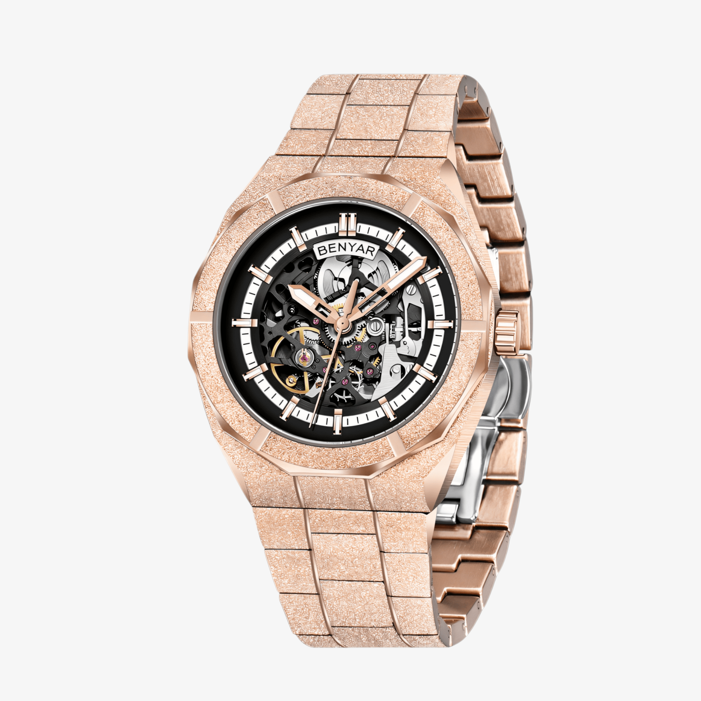 Bočni ugao muškog sata Benyar BY-5212 u rose gold varijanti sa vidljivim skeleton brojčanikom imetalnom narkvicom
