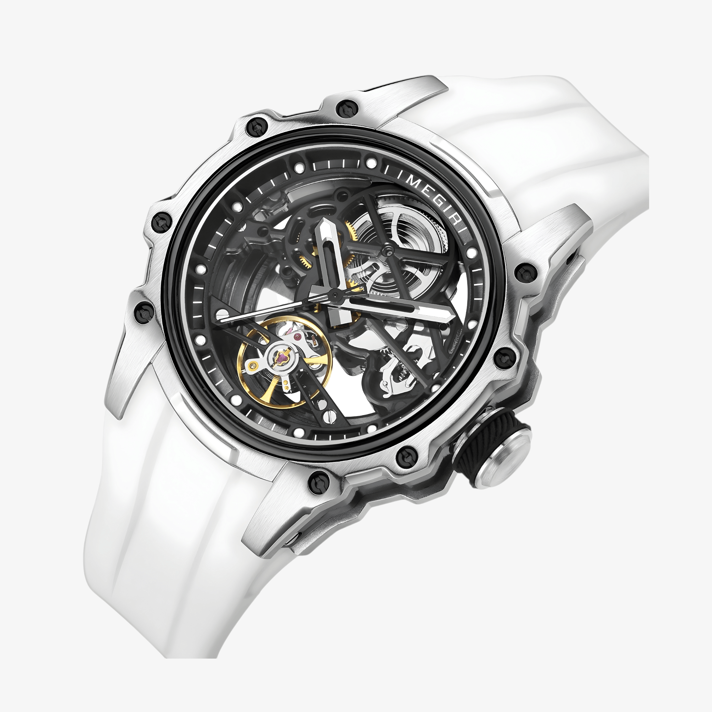 Detaljan prikaz otvorenog mehanizma modela Megir MN2243 sa čeličnim kućištem i vidljivim mehanizmom