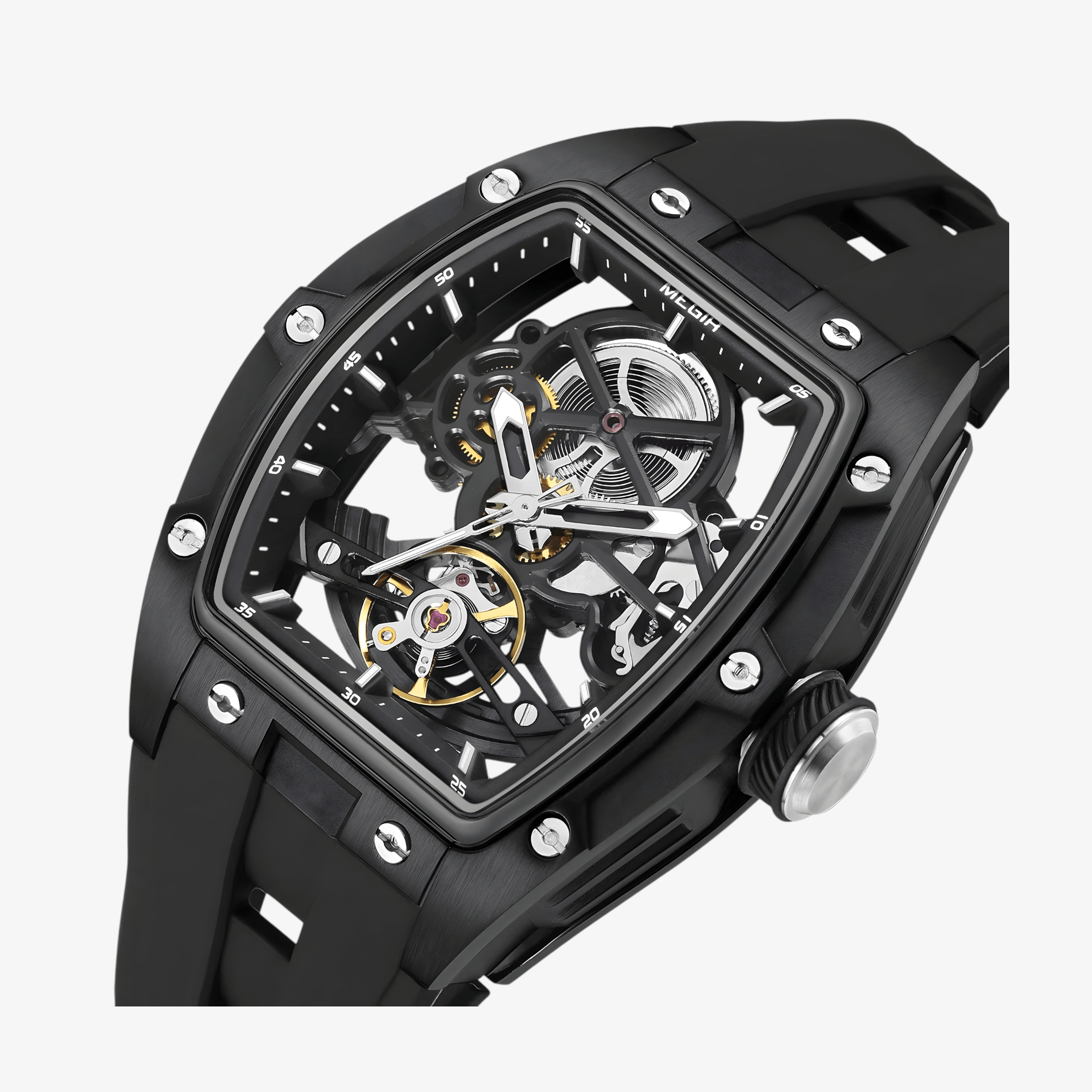 Krupni kadar otvorenog mehanizma sata Megir MN22 u crnoj izvedbi sa jasno vidljivim unutrašnjim komponentama