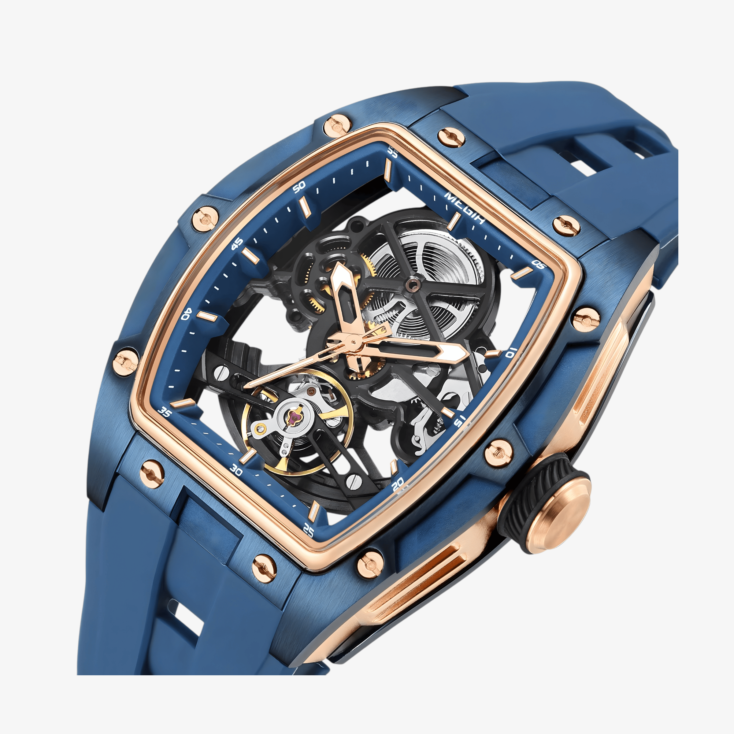 Detaljan prikaz otvorenog mehanizma modela Megir MN22 u plavoj varijanti sa jasno vidljivim unutrašnjim komponentama