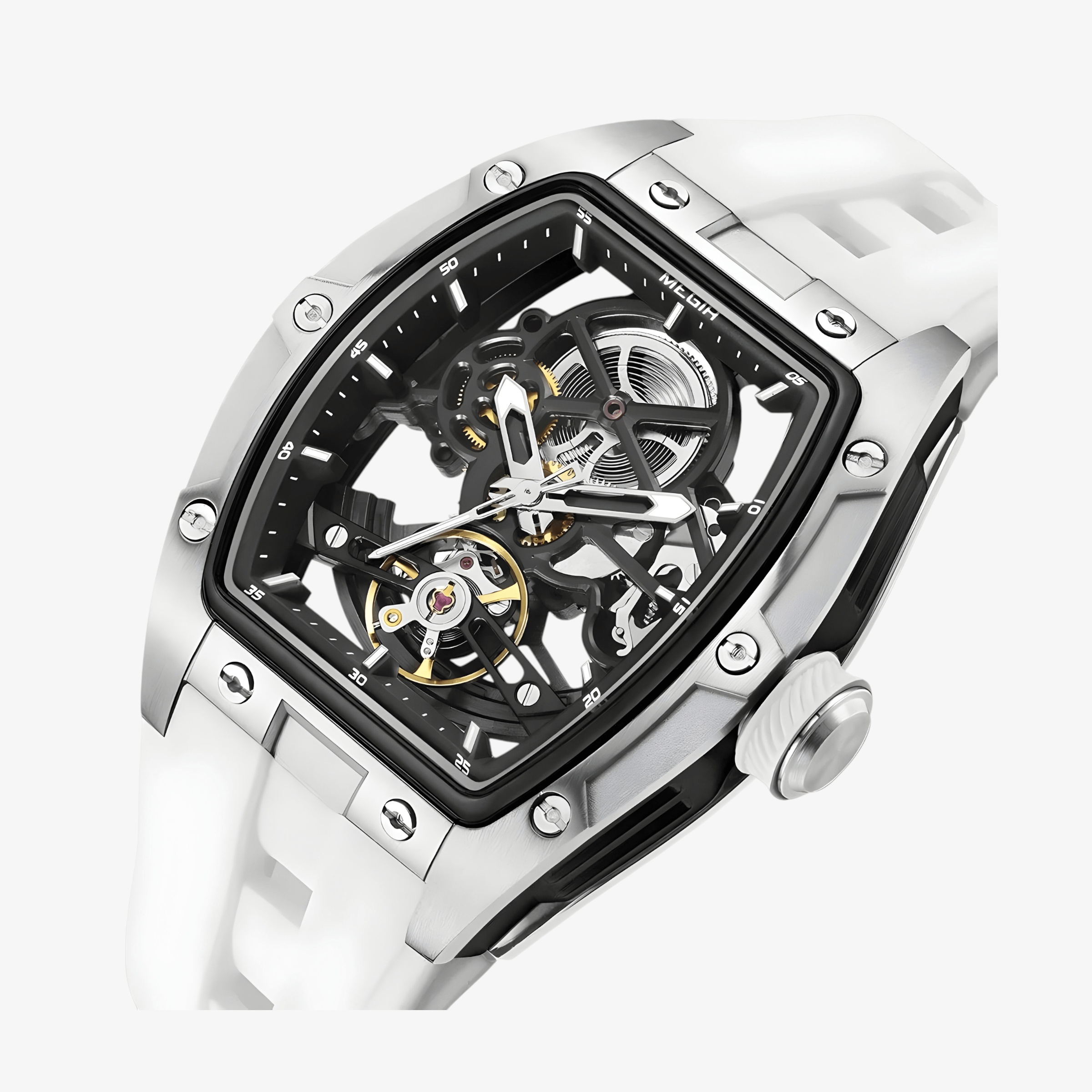 Detaljan prikaz otvorenog mehanizma modela Megir MN22 u beloj varijanti sa jasno vidljivim unutrašnjim delovima