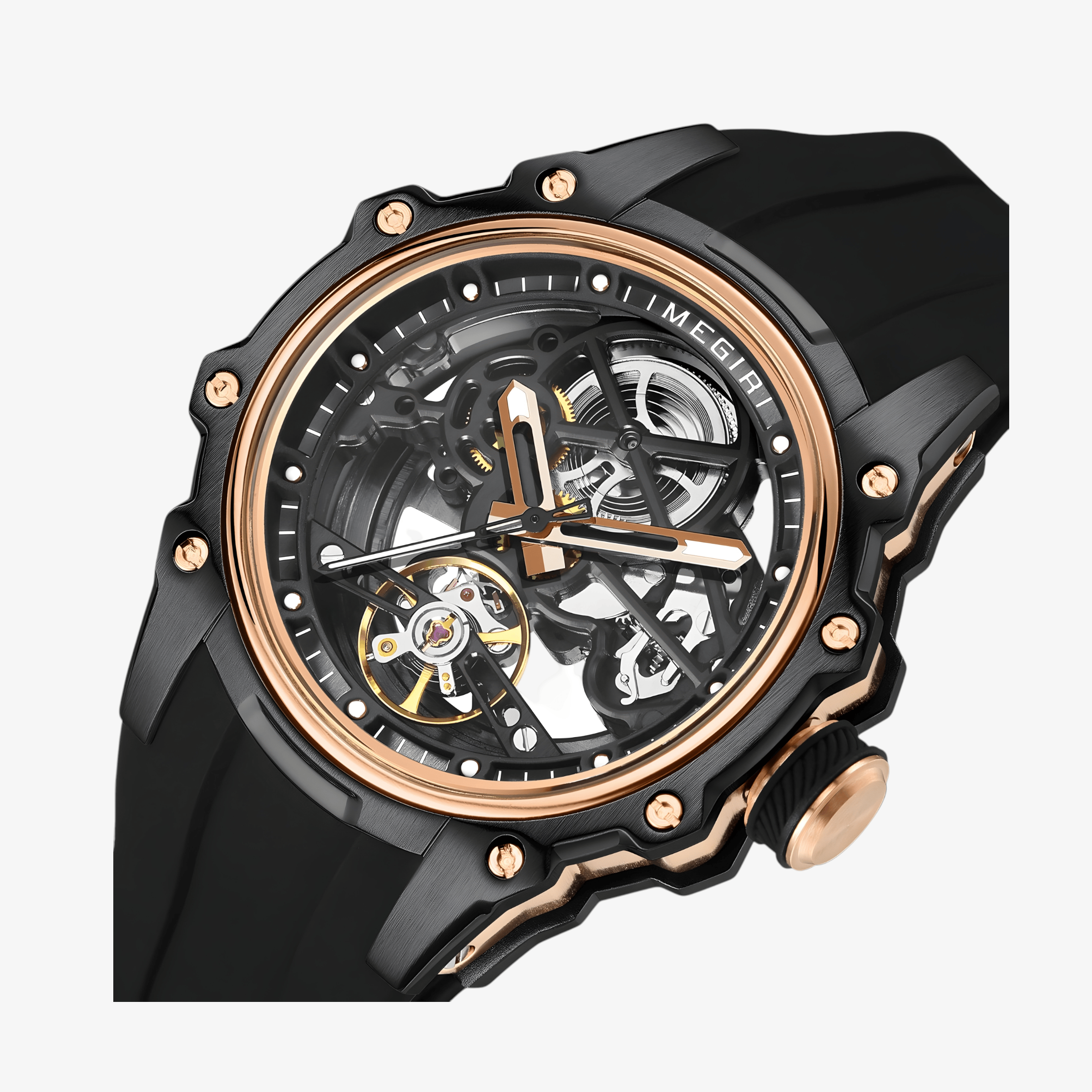 Krupni prikaz otvorenog mehanizma modela Megir MN2243 sa rose gold akcentima i čeličnim kućištem