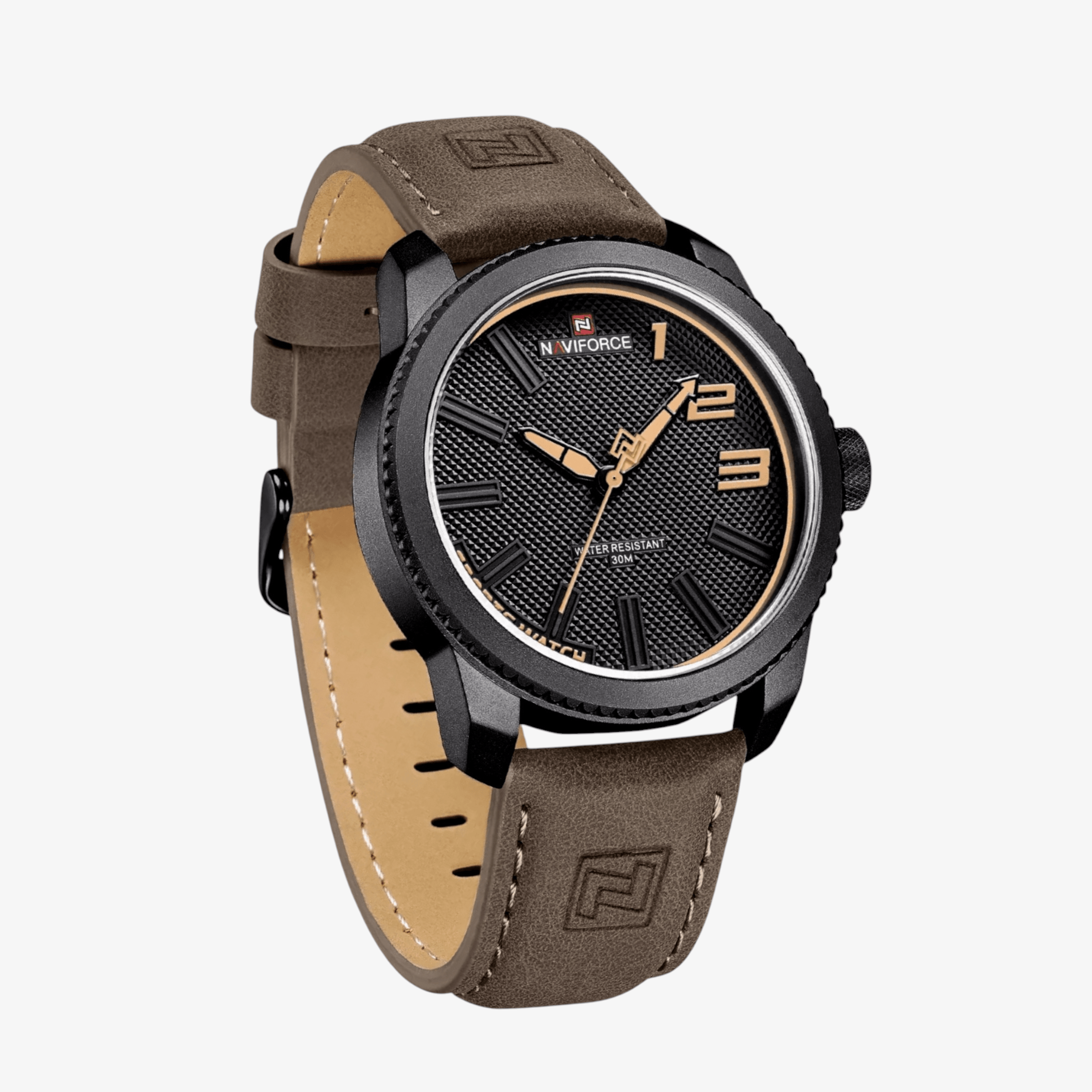 Leva bočna strana sata NaviForce NF9202 u braon boji, kućište sa kožnom narukvicom