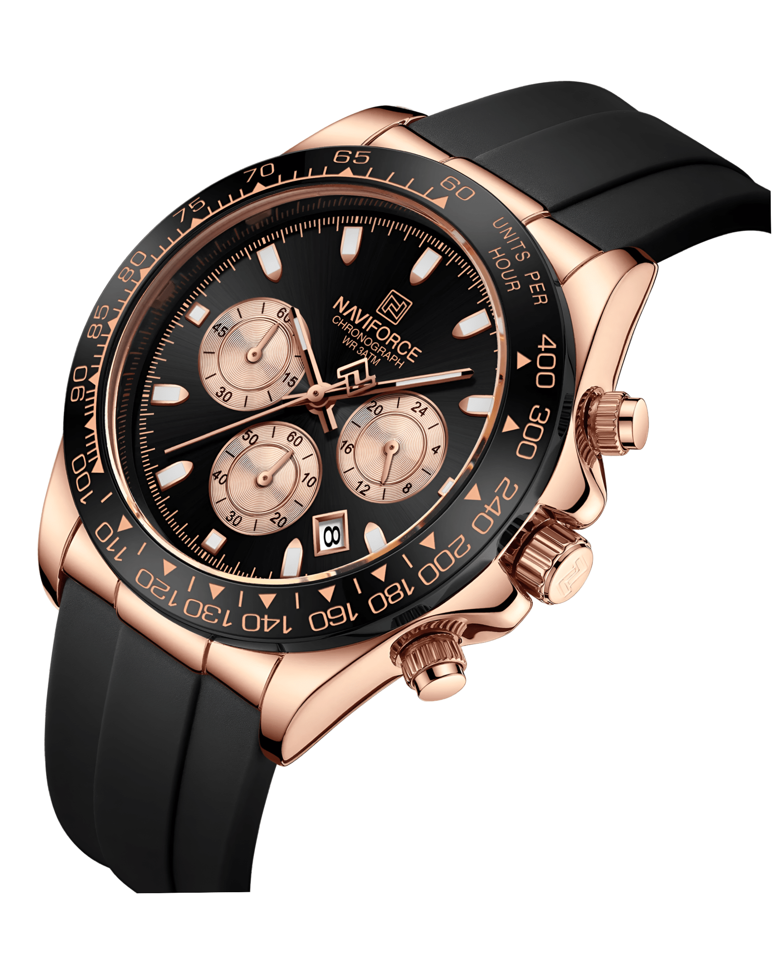Muški Sat Naviforce NF8054 Daytona - Crno Rose Gold Boja - Prikaz brojčanika izbliza