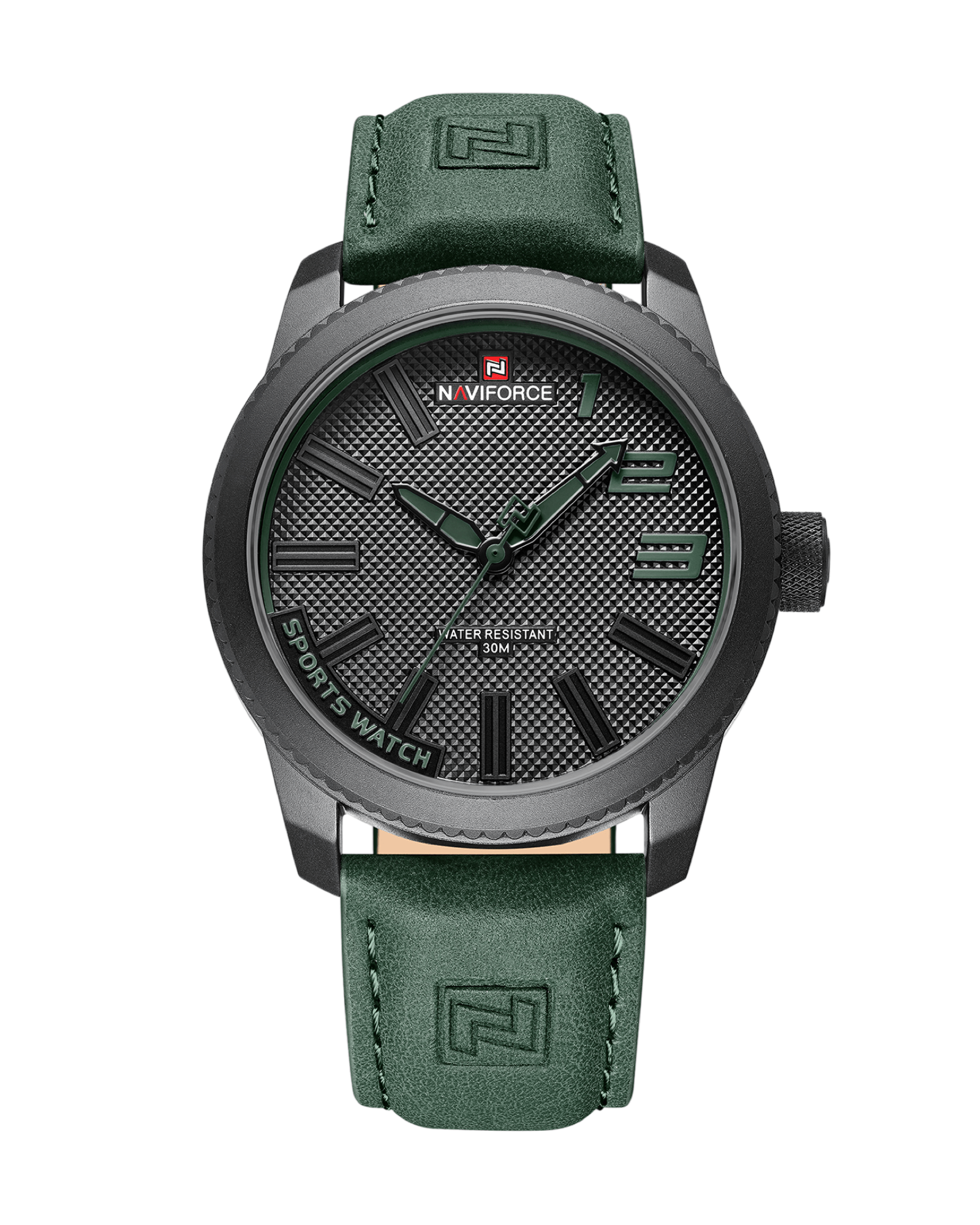 Prikaz prednje strane kucista i kozne narukvice muskog sata NaviForce NF9202 u zelenoj boji. Najbolja Cena i prodaja u Srbiji