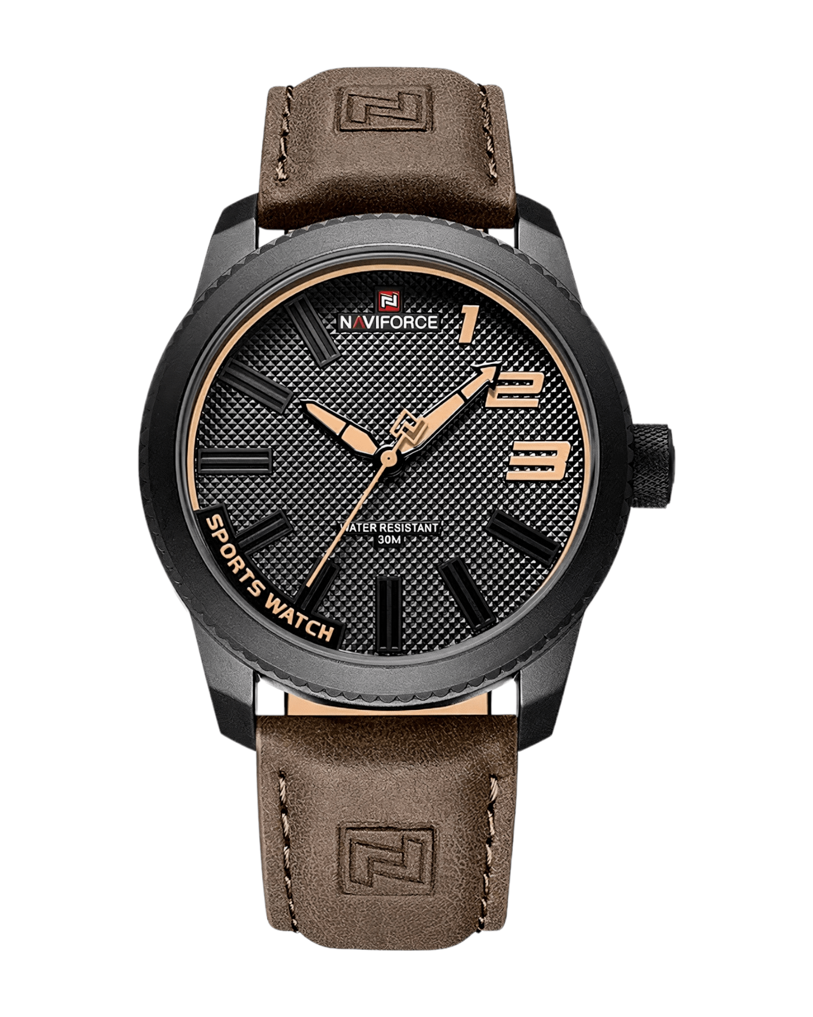 Prikaz prednje strane kucista i kozne narukvice muskog sata NaviForce NF9202 u braon boji. Najbolja Cena i prodaja u Srbiji