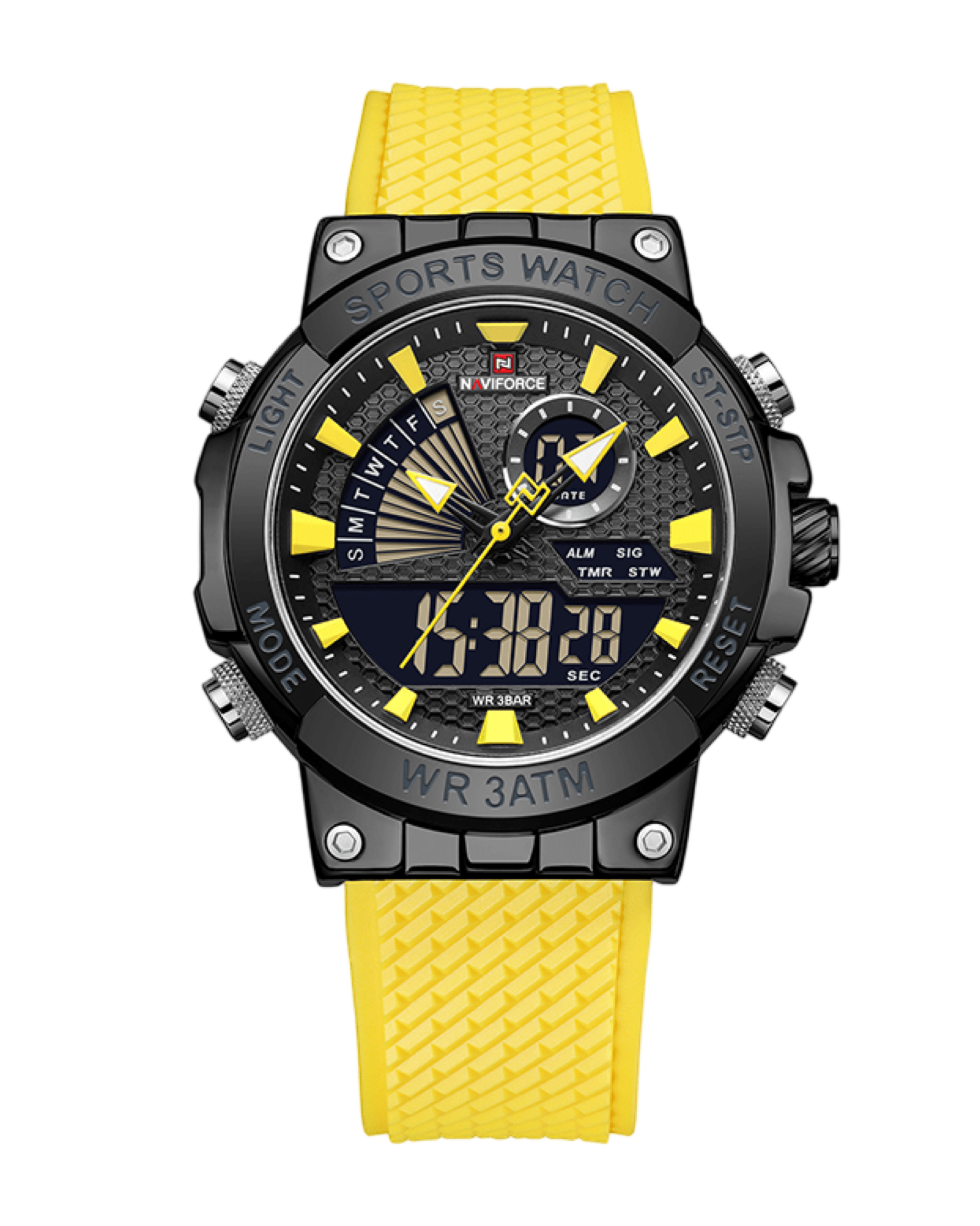 Prikaz prednje strane kucista i silikonske narukvice muskog sata NaviForce NF8219 u zuto crnoj boji.