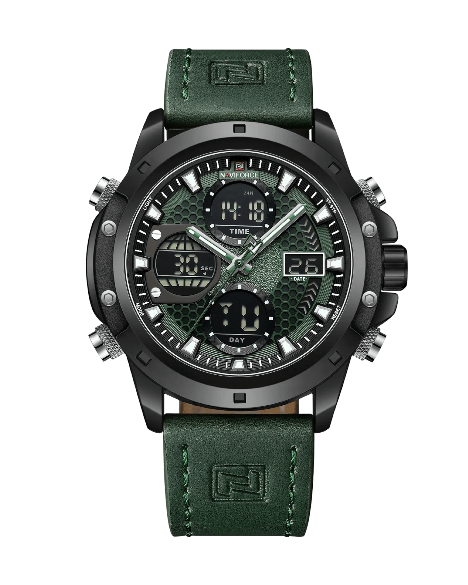 Prikaz prednje strane kucista i kozne narukvice muskog sata NaviForce NF9225 u zelenoj boji.