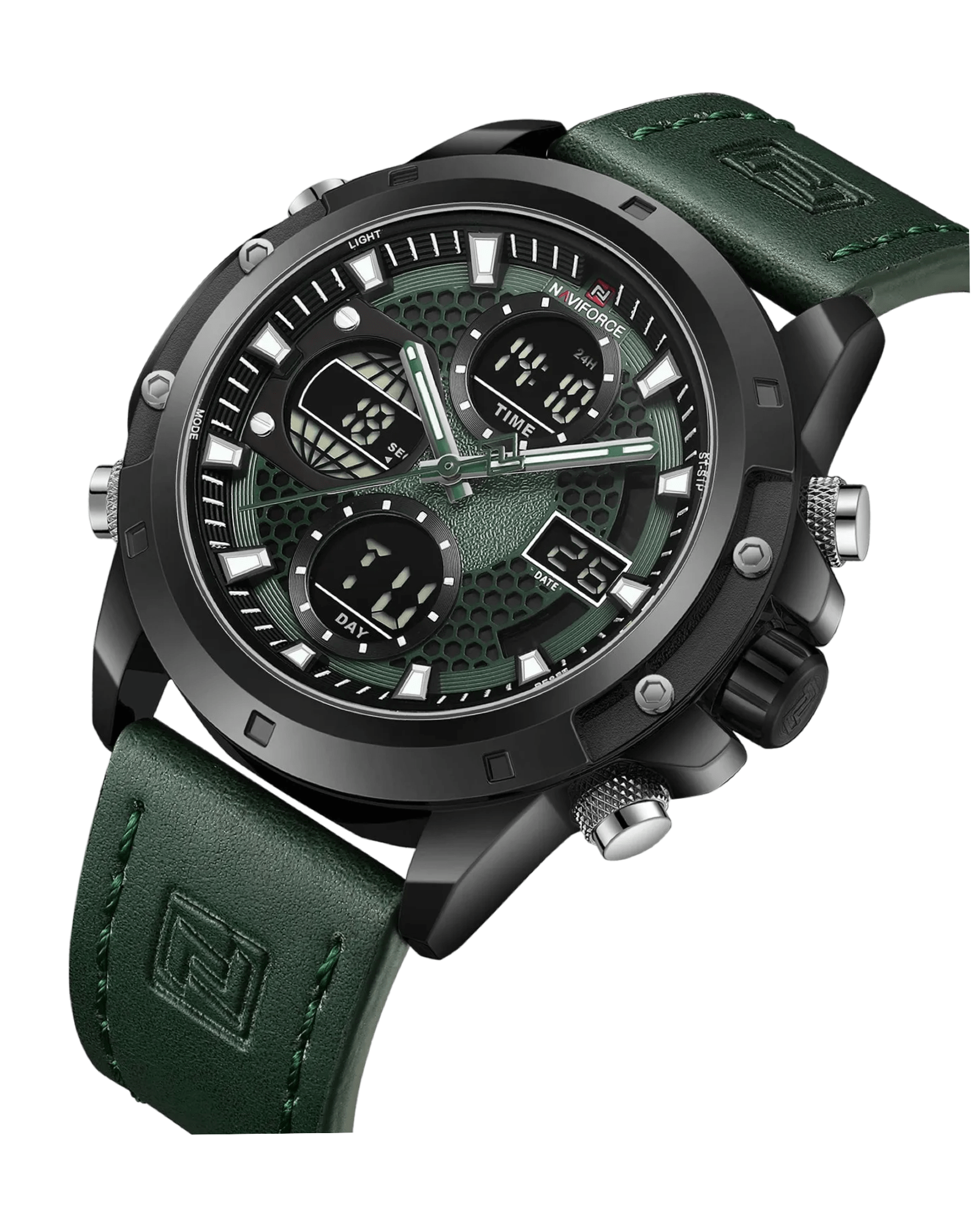 Bocni prikaz prednje strane kucista i krunica muskog sata NaviForce NF9225 u zelenoj boji. kozna narukvica.