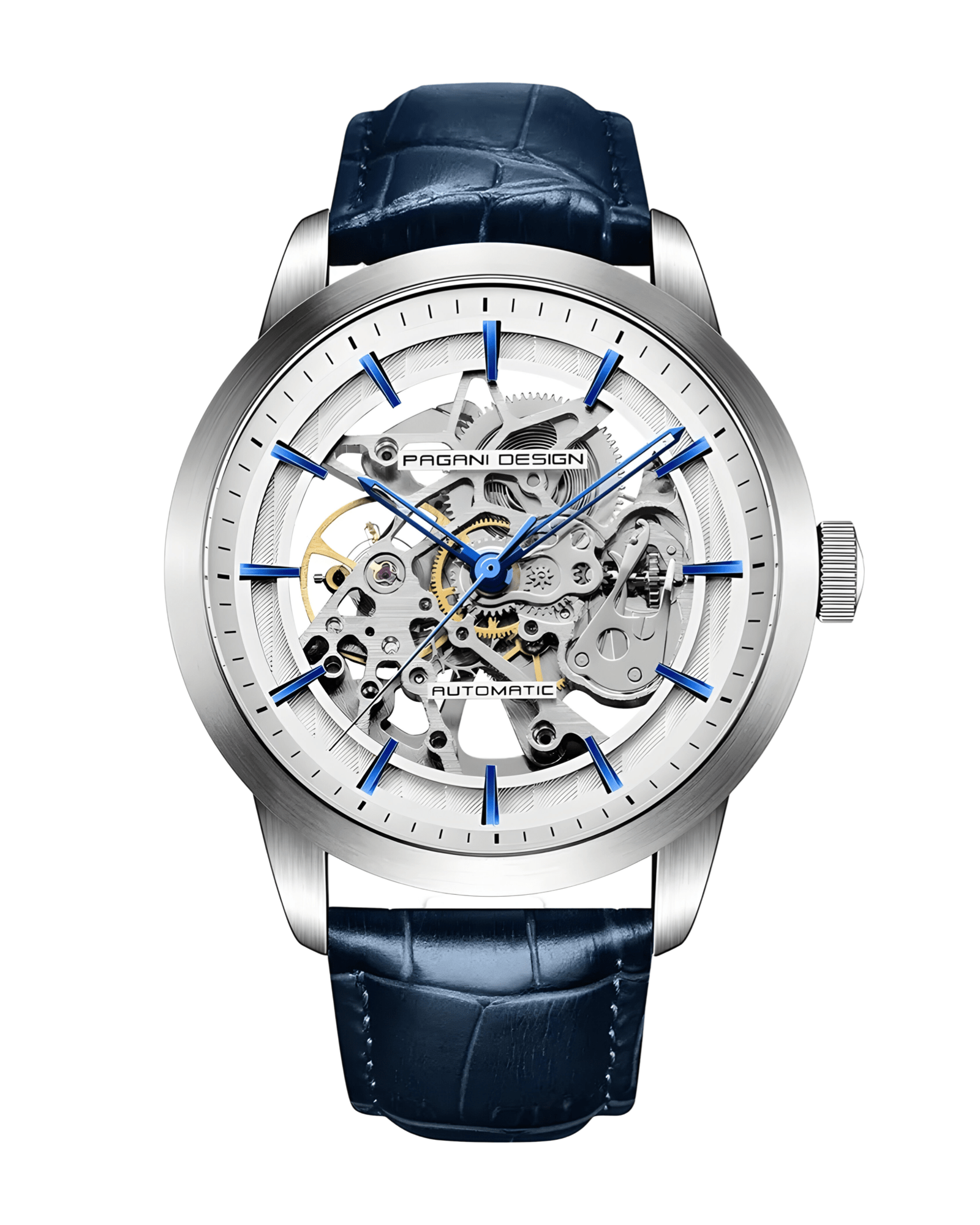 Muški automatik Skeleton sat Pagani Design PD1638 - Prednja strana sata - plava boja - kozna narukvica, Najbolja cena u Srbiji!