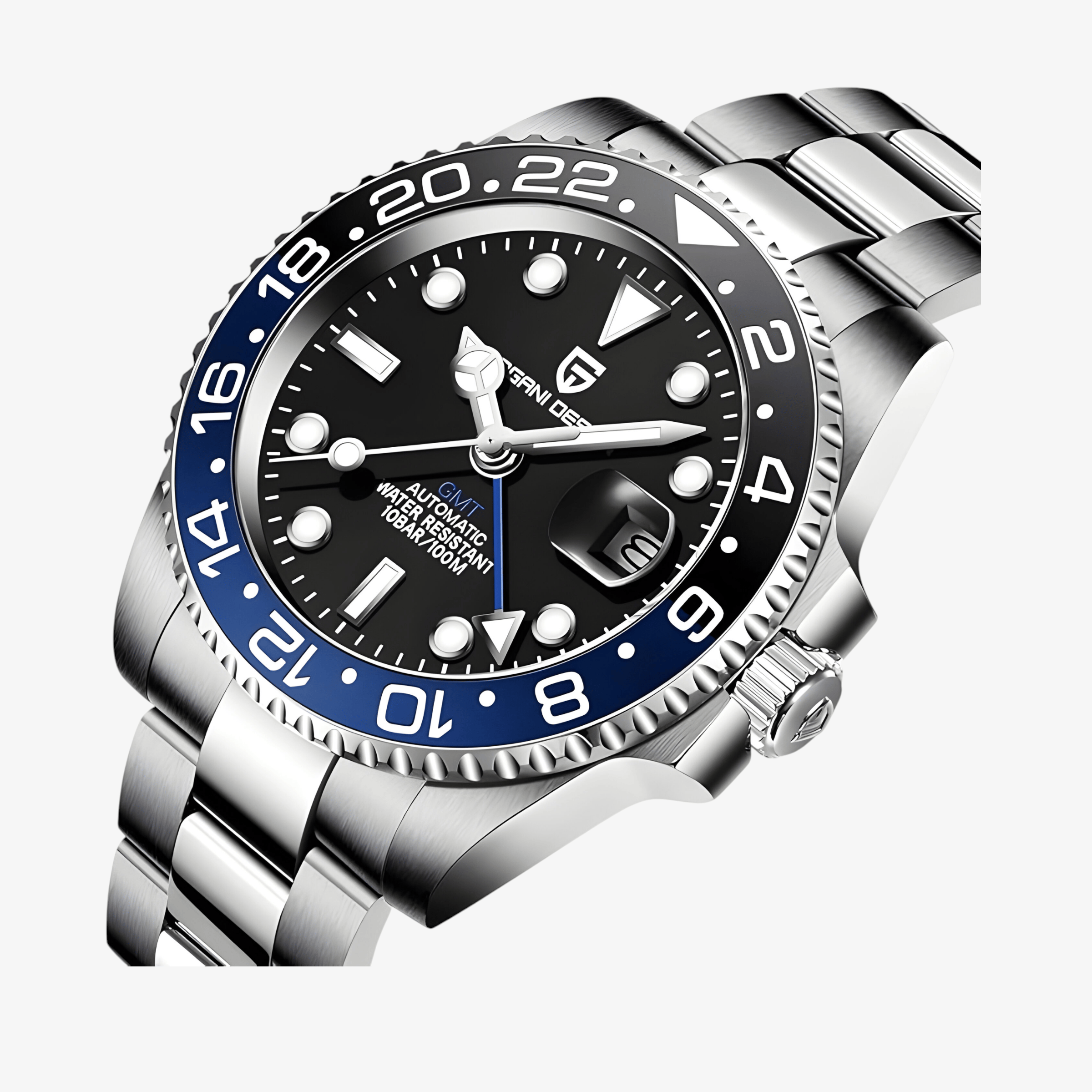 Krupan prikaz crnog brojčanika i GMT kazaljke na modelu Pagani Design PD-1662 Automatik GMT “Batman”