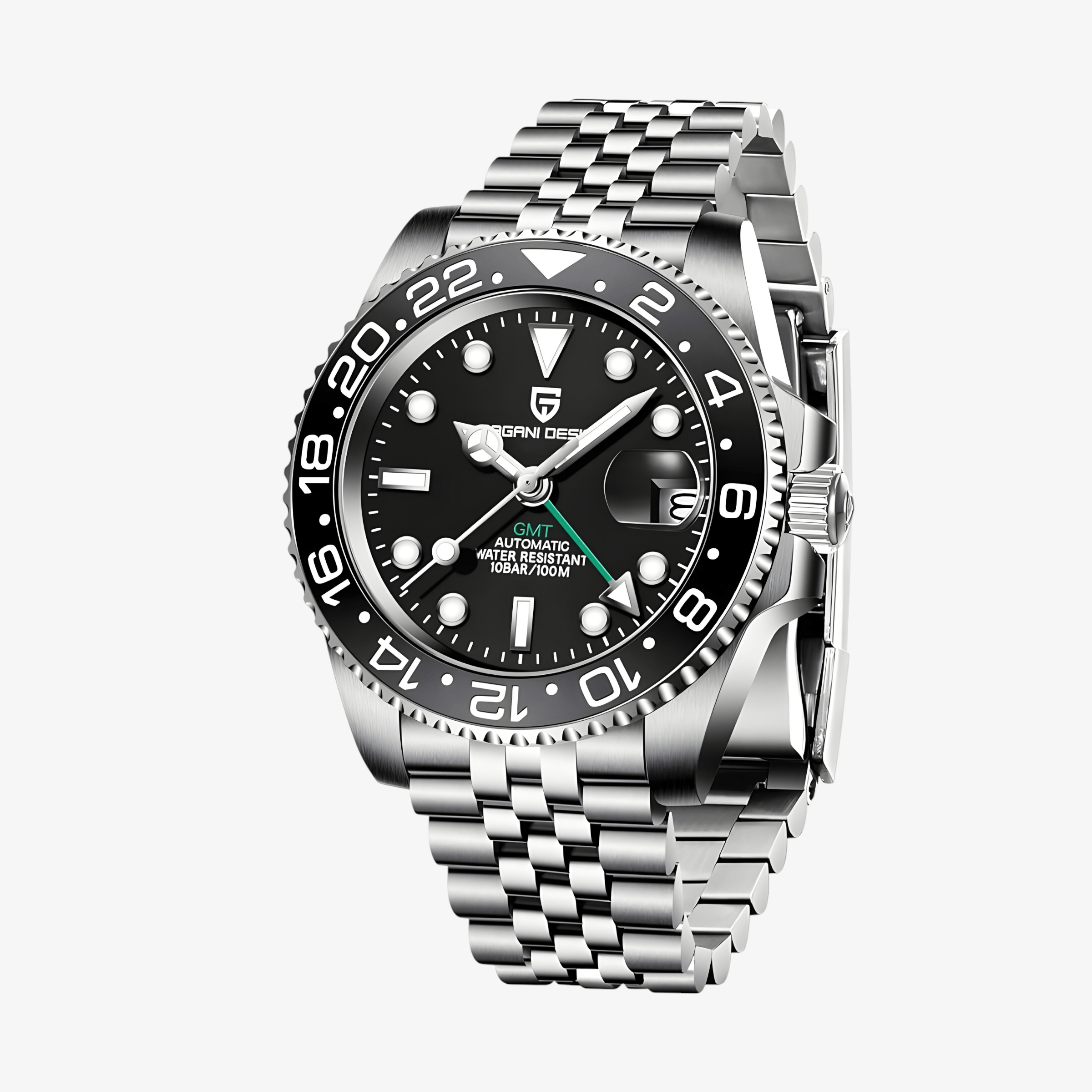 Muški sat Pagani Design PD-1662 Automatik GMT “Bruce Wayne” sa crnim brojčanikom i Jubilee čeličnom narukvicom – prednji ugaoni prikaz sa vidljivom krunicom