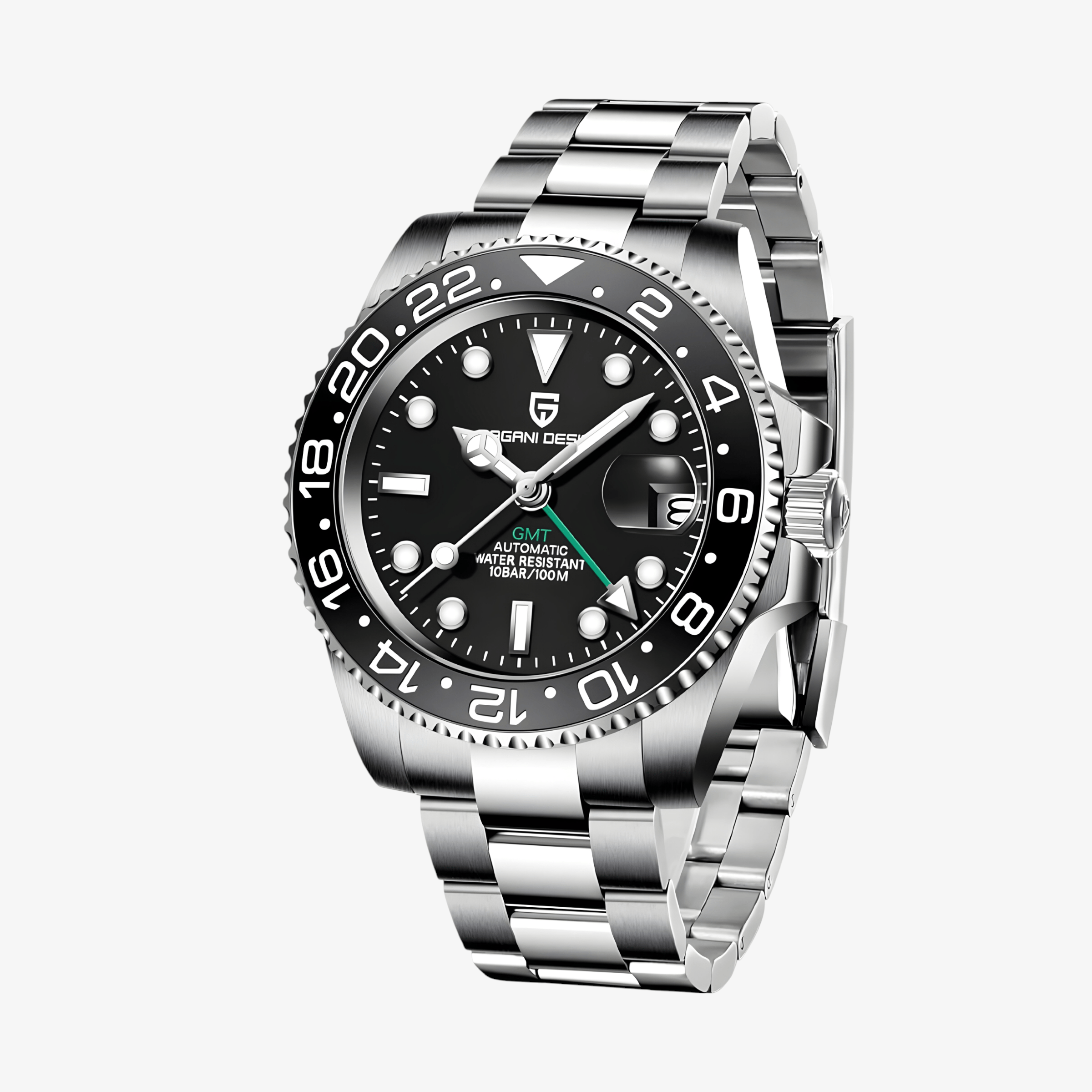 Muški sat Pagani Design PD-1662 Automatik GMT “Bruce Wayne” sa crnim brojčanikom i Oyster čeličnom narukvicom – prednji ugaoni prikaz sa vidljivom krunicom