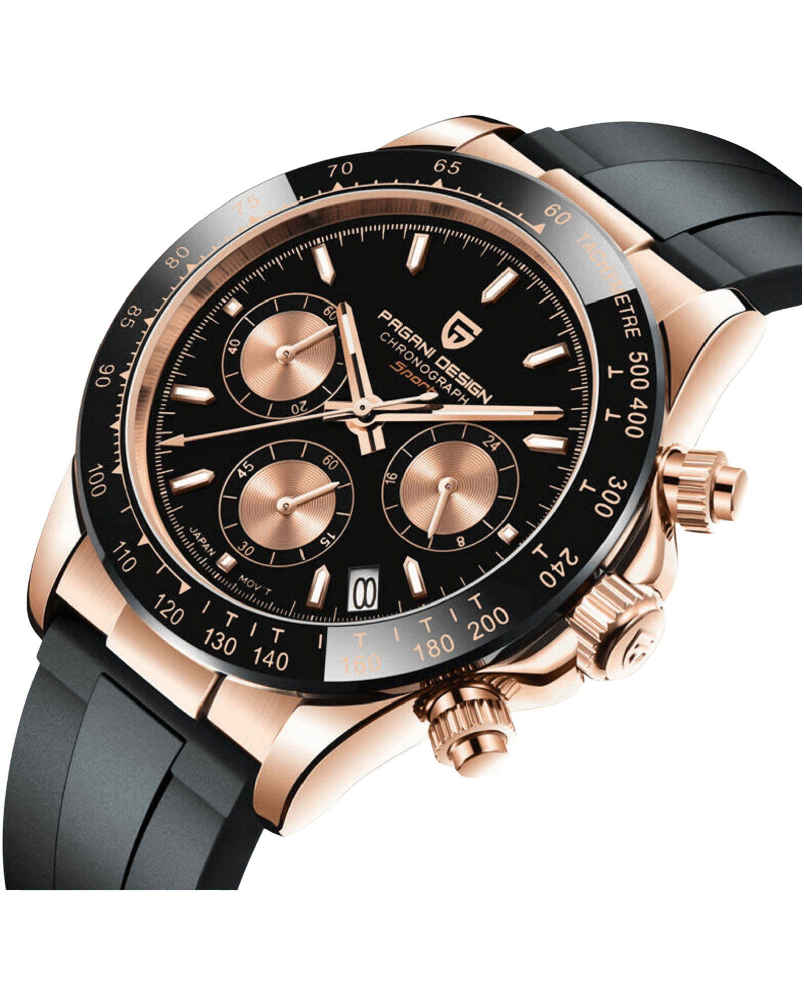 Pagani Design PD1664 Daytona - Rose Gold - Crna boja - Prikaz prednje strane brojčanika muškog sata