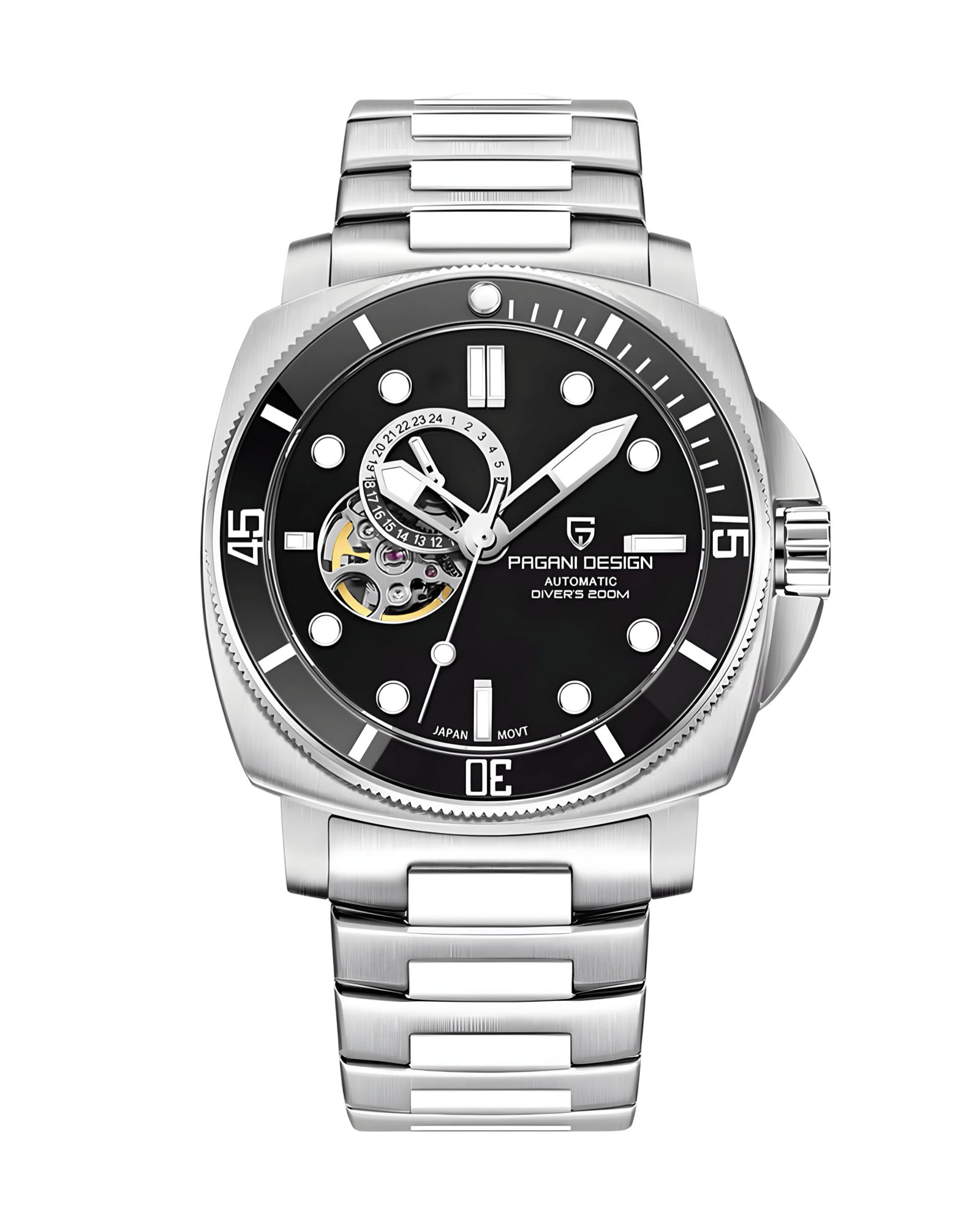 Muški Automatik Sat Pagani Design PD1736 - Crna Boja -  Metalna Narukvica - Prikaz prednje strane sata