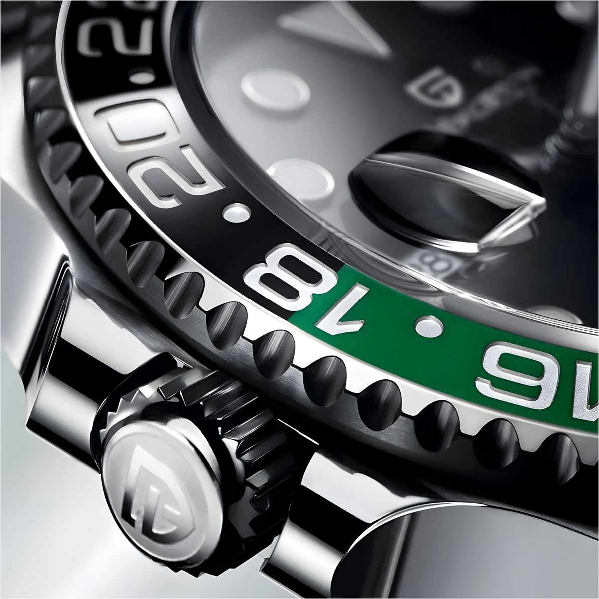Krupan prikaz krunice i crno-zelenog 24-časovnog GMT bezela na modelu Pagani Design PD-1662 Automatik GMT “Sprite”
