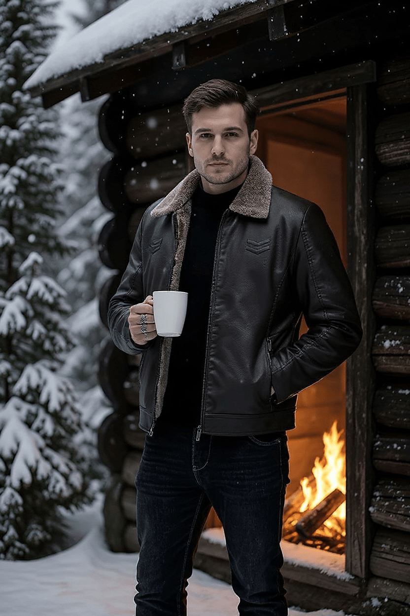 Muškarac nosi zisku kožnu jaknu sa krznom u crnoj boji