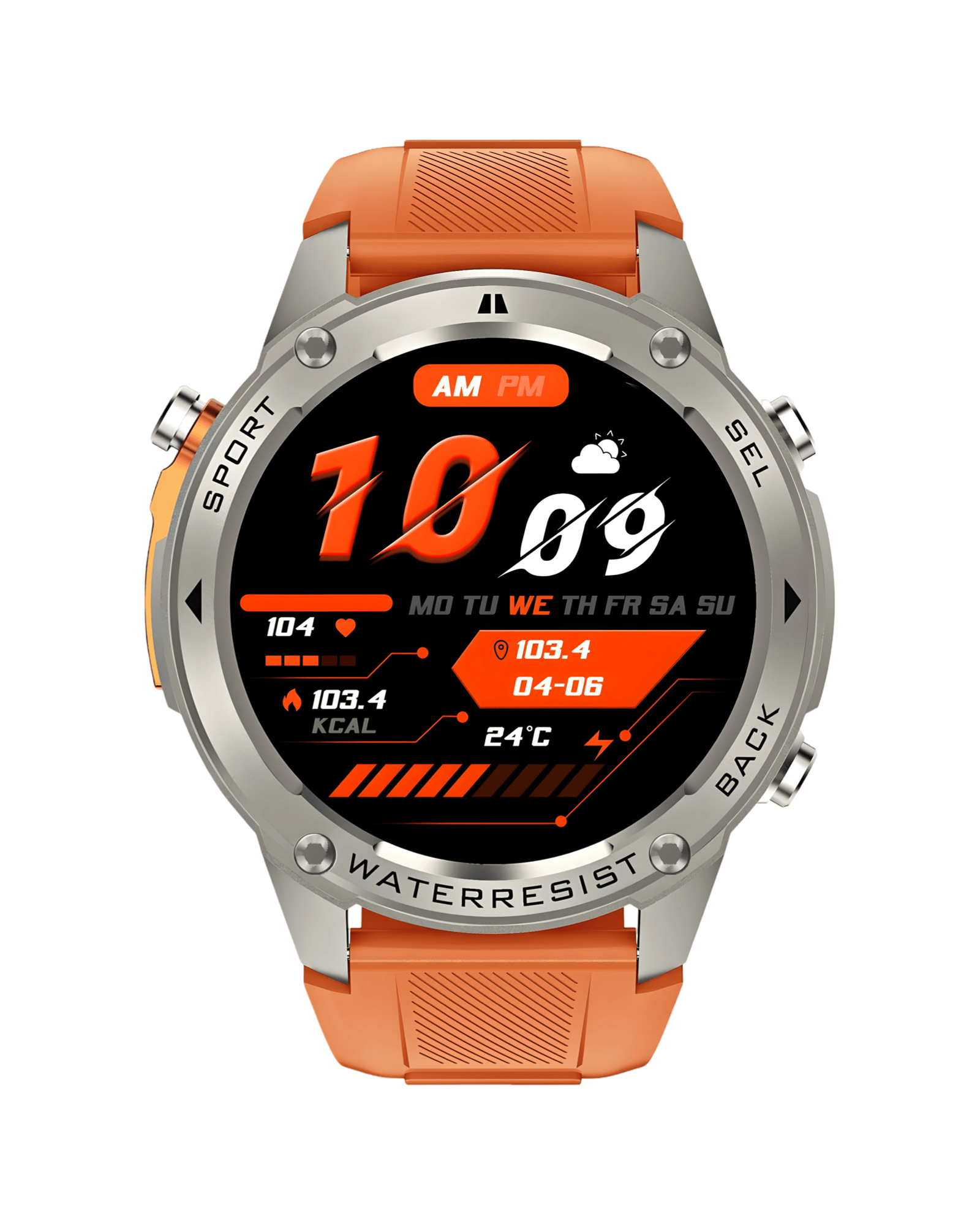 Prednja strana pametnog sata Military DM56 Metal Orange sa aktivnim ekranom, srebrnim kućištem i narandžastom silikonskom narukvicom