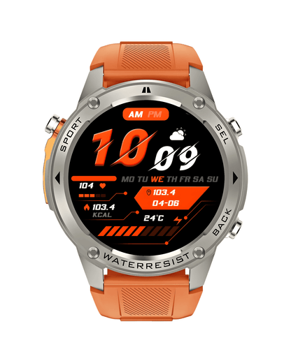 Prednja strana pametnog sata Military DM56 Metal Orange sa aktivnim ekranom, srebrnim kućištem i narandžastom silikonskom narukvicom
