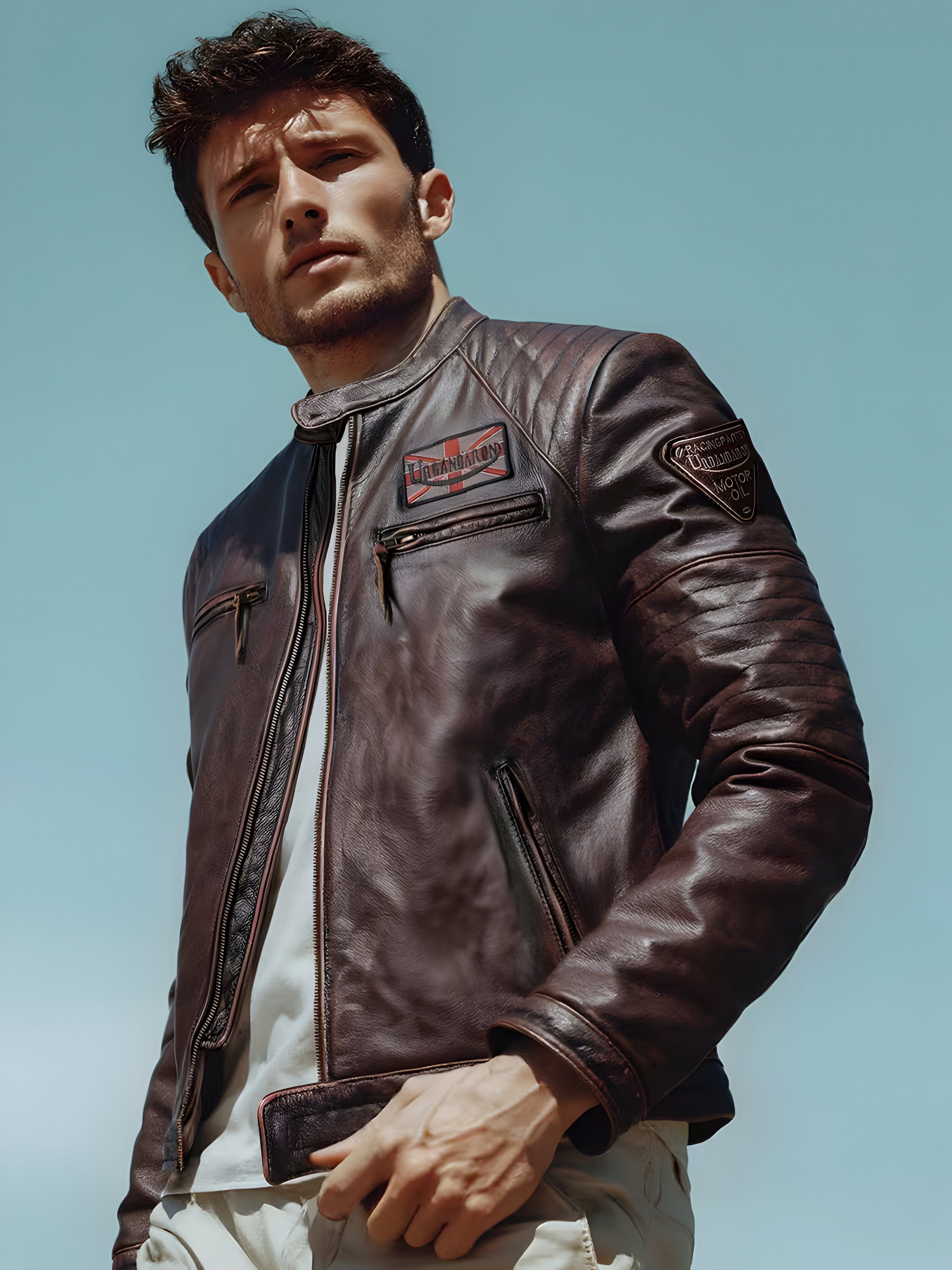 Muškarac nosi braon kožnu jaknu Canyon Brown otvorenu casual stil