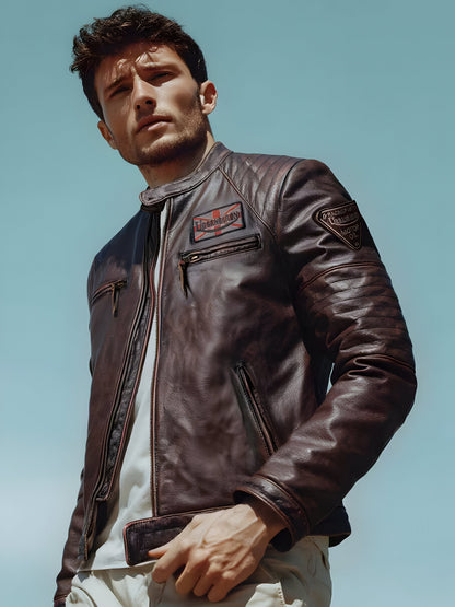 Muškarac nosi braon kožnu jaknu Canyon Brown otvorenu casual stil