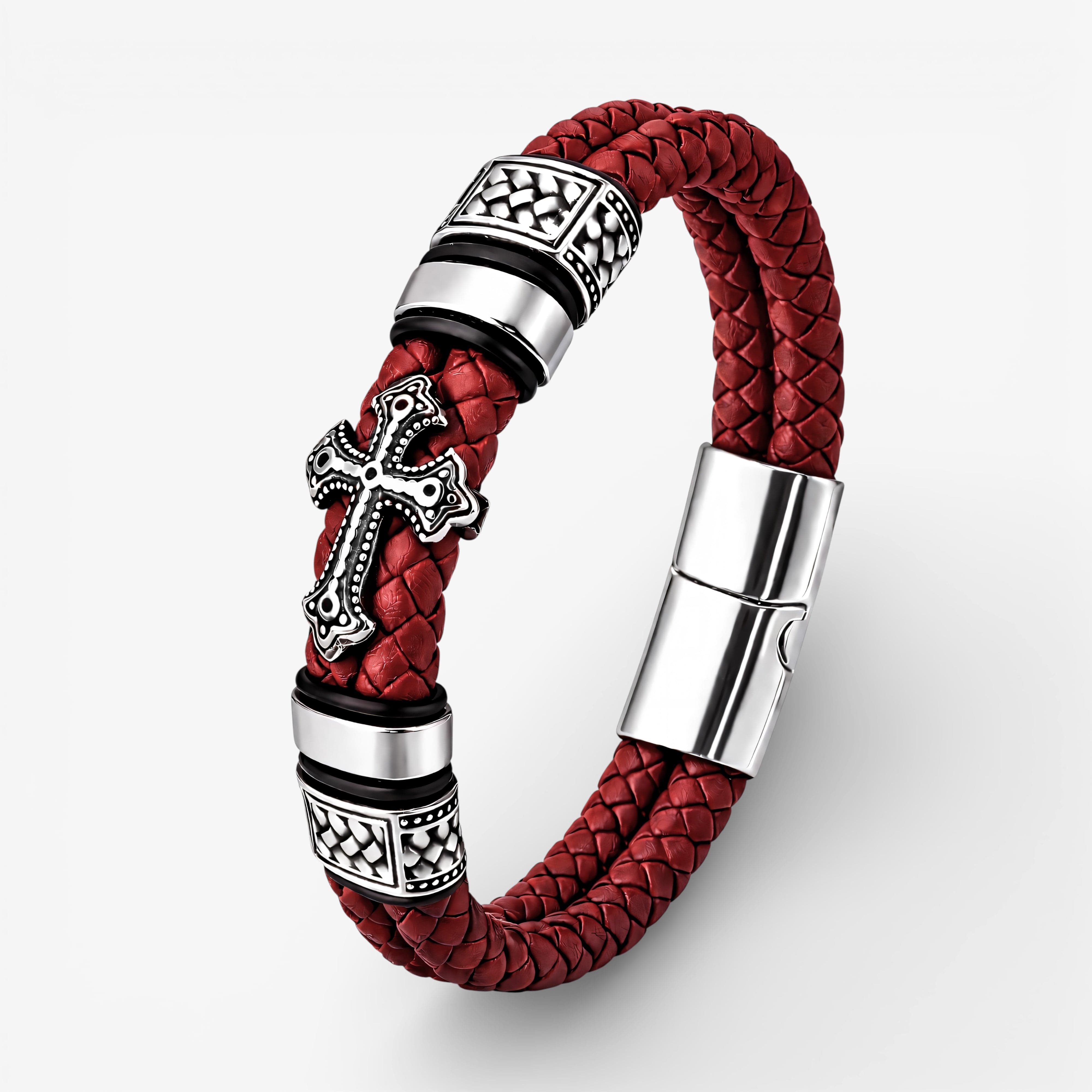 Muška kožna narukvica Orthodox crvena boja srebrni krst od čelika i magnetna kopča