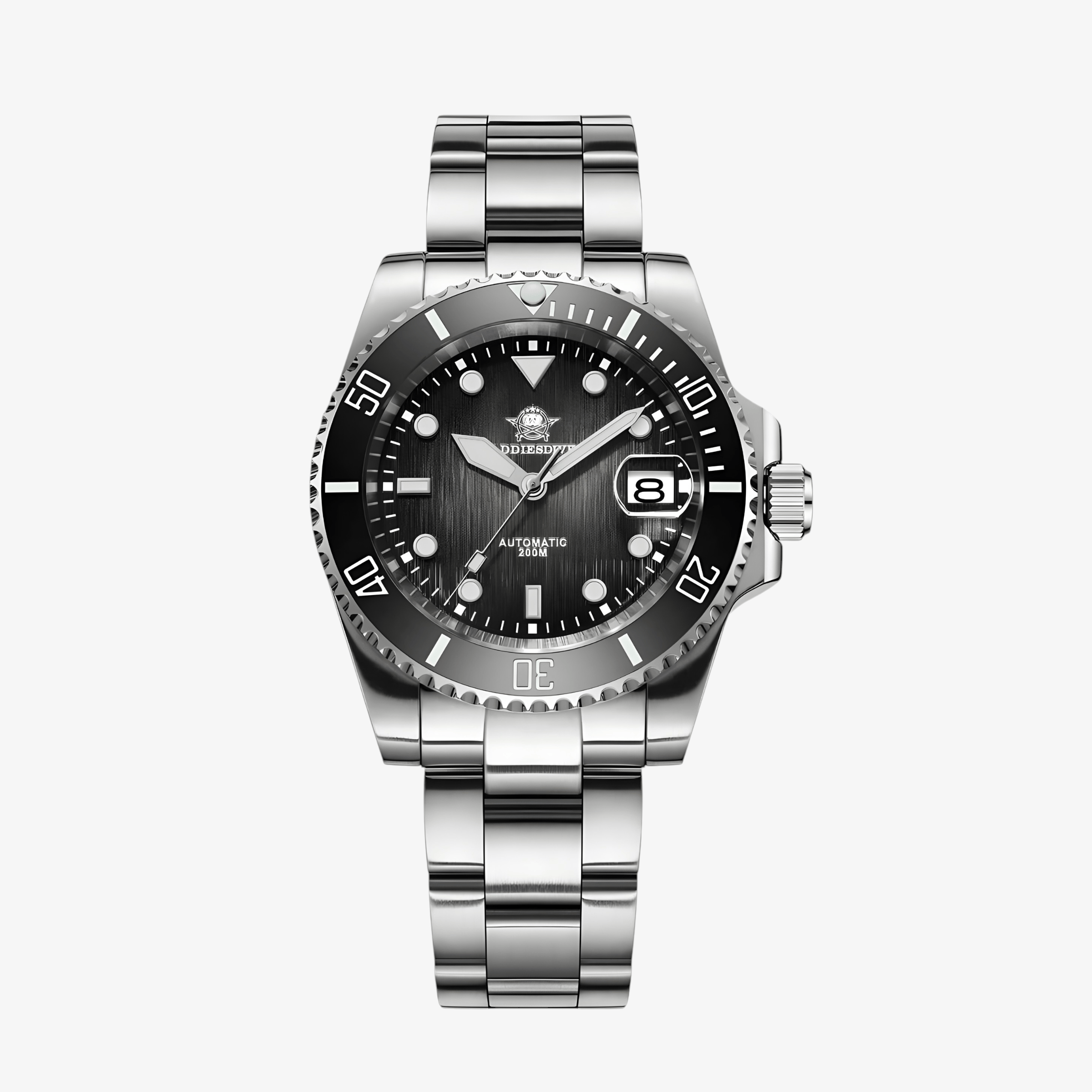 Muški automatik ronilački sat ADDIESDIVE AD2536 Black Diver sa crnim brojčanikom i metalnom narukvicom prikazan sa prednje strane.