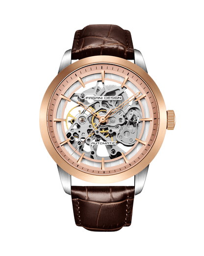 Muški Automatik Sat Pagani Design PD1638 Skeleton - Braon Boja - prikaz prednje strane sata