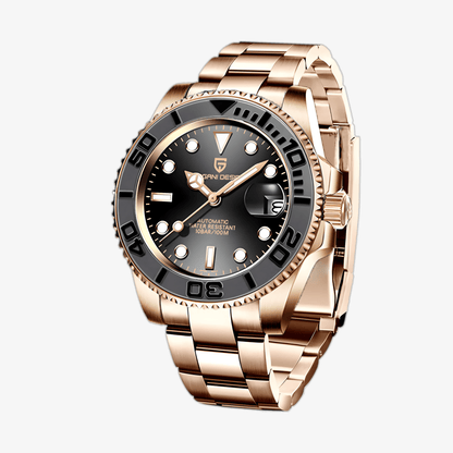 Muški automatik sat Pagani Design PD1651 sa crnim brojčanikom i rose gold kućištem – ugaoni prikaz sa metalnom rose gold narukvicom