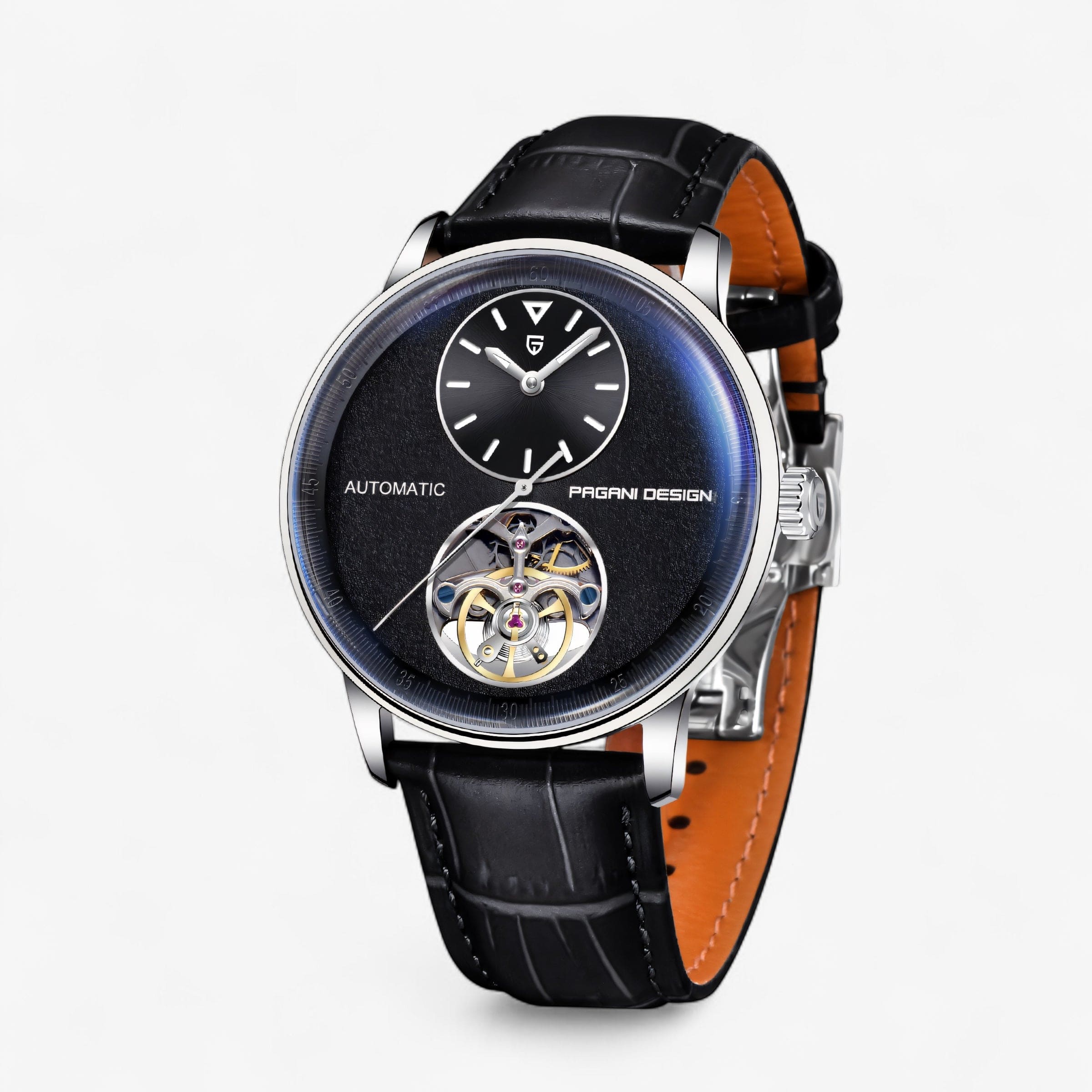 Detaljan prikaz brojčanika muškog sata Pagani Design PD1796 sa crnom kožnom narukvicom