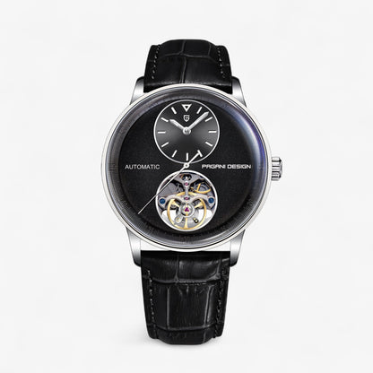 Prednji prikaz muškog sata Pagani Design PD1796 u crnoj varijanti sa kožnom narukvicom
