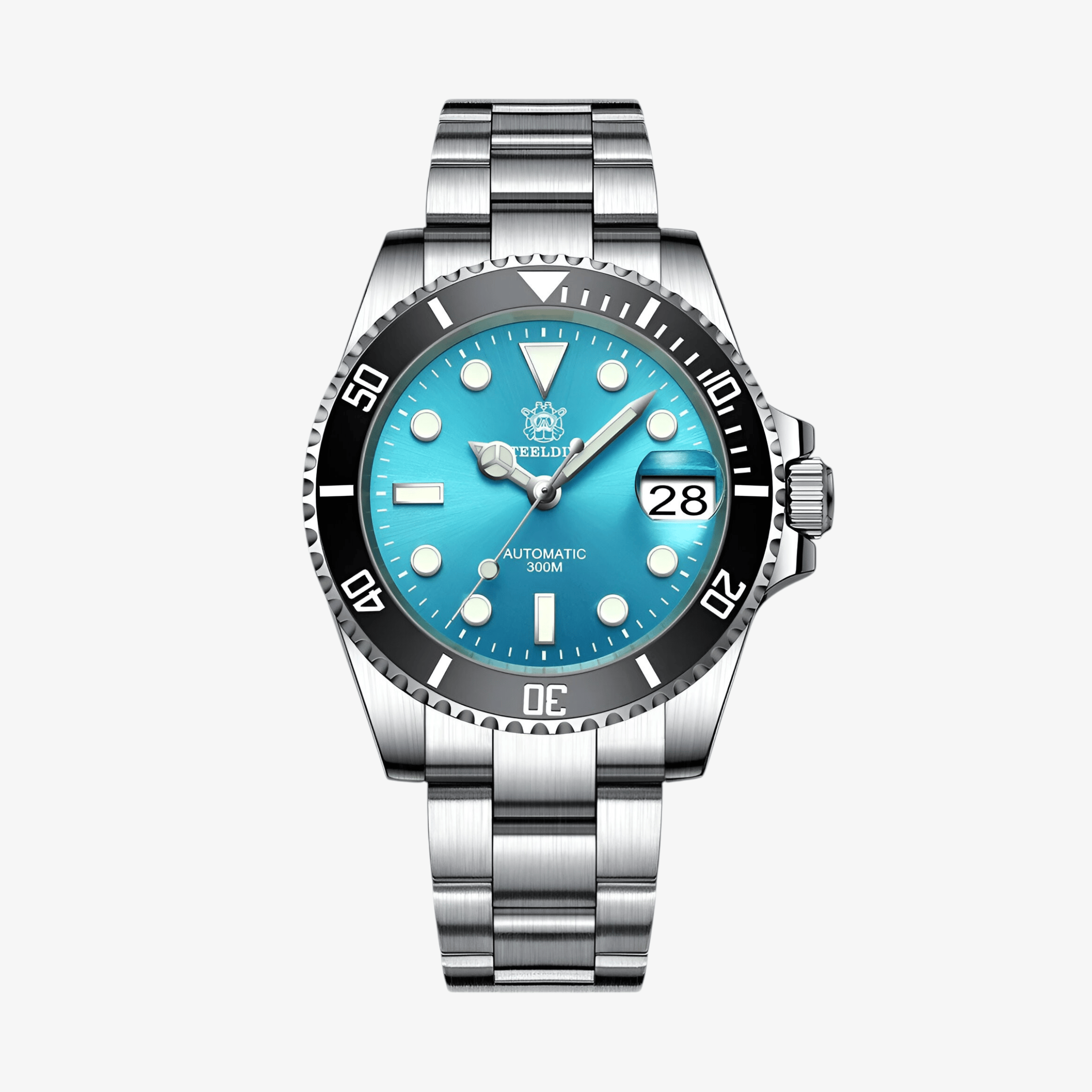 Muški Automatik Sat STEELDIVE SD1953 prikazan saprednje strane. Svetlo plavi brojcanik i metana narukvica